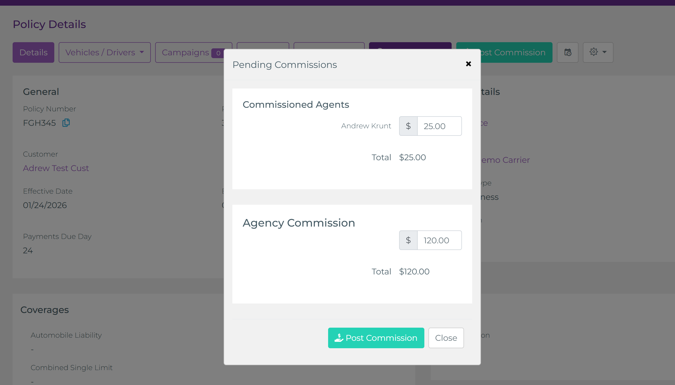 Modal de Comisiones Pendientes mostrando Agentes Comisionados ($25 - Andrew Krunt) y Comisión de Agencia ($120) con botón Publicar Comisiones