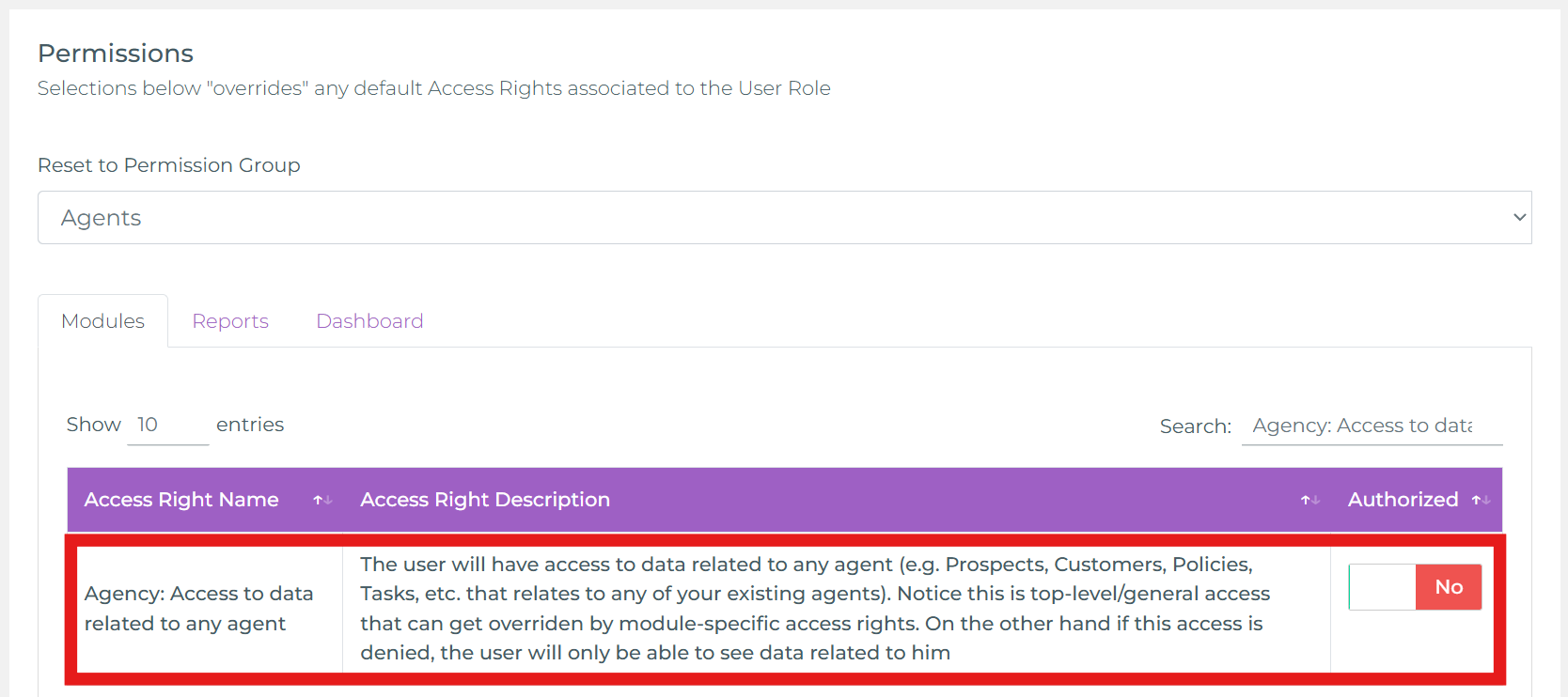Access right row: 'Agency: Access to data related to any agent' with toggle set to No