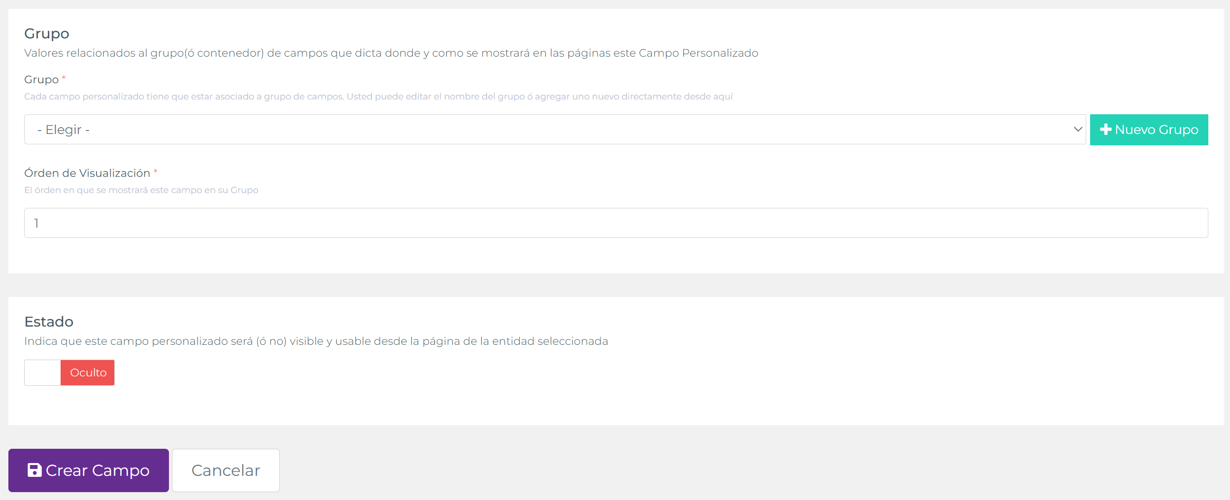 Sección Grupo de Campos con selector de grupo, botón Nuevo Grupo, orden de visualización y estado