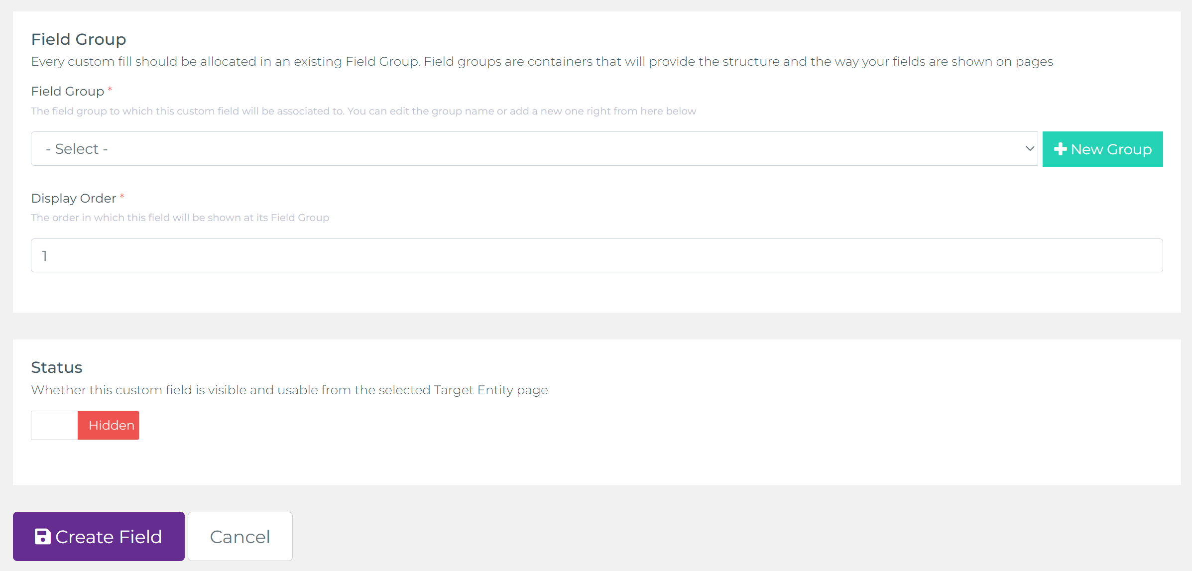 Field Group section with group selector, New Group button, display order input, and status