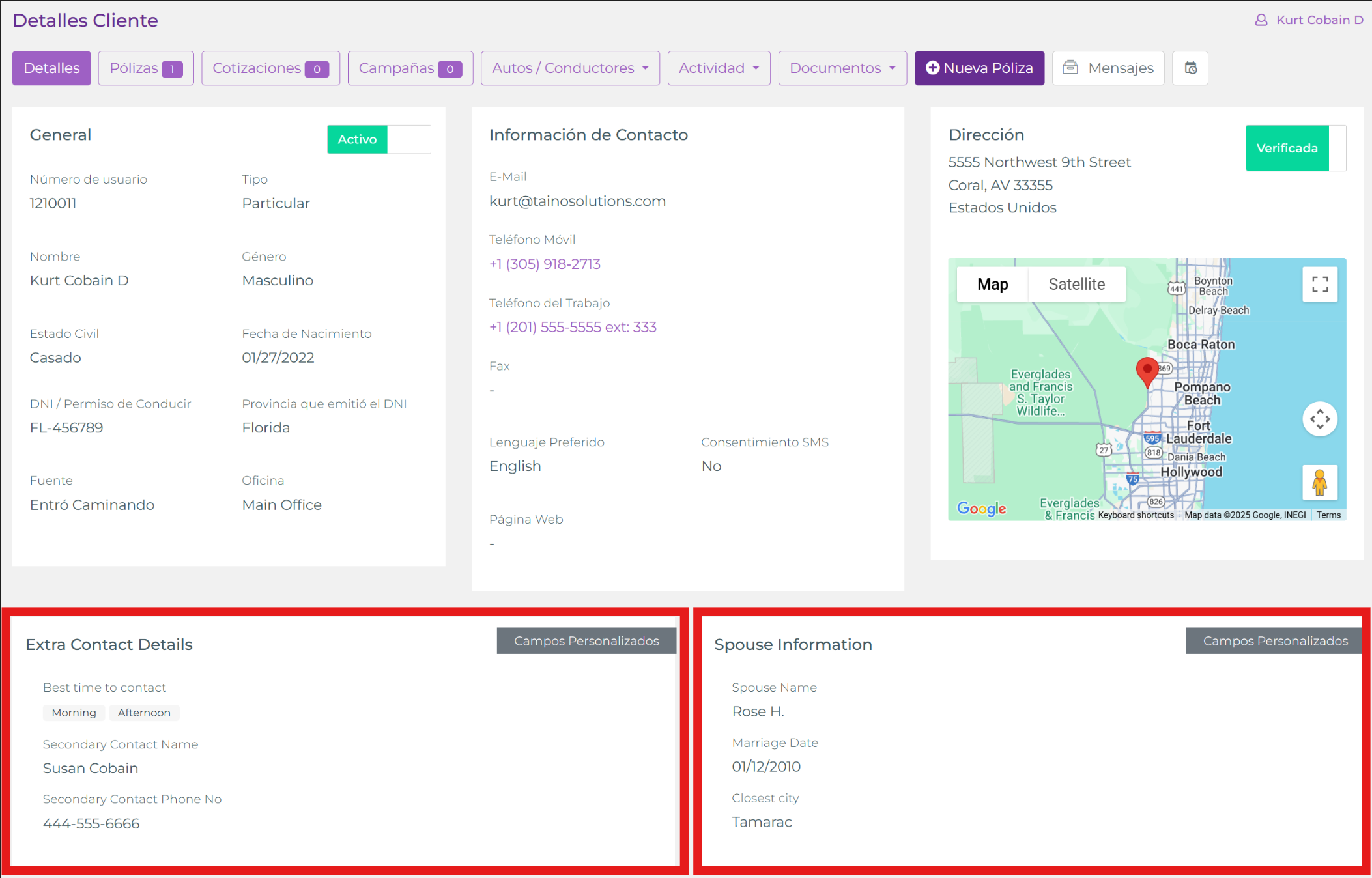 Página de Cliente mostrando dos Grupos con campos personalizados poblados