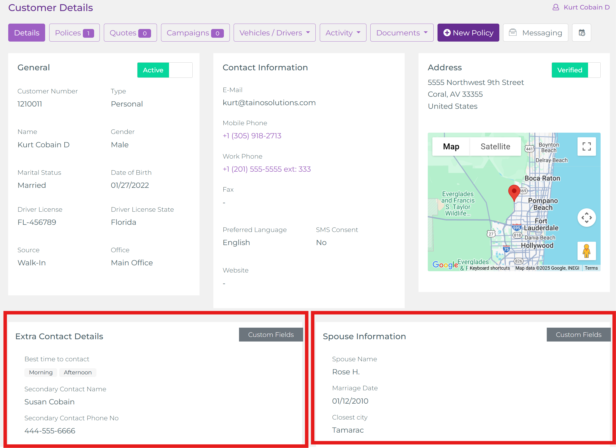 Customer Details page showing two Field Groups side by side with custom fields populated