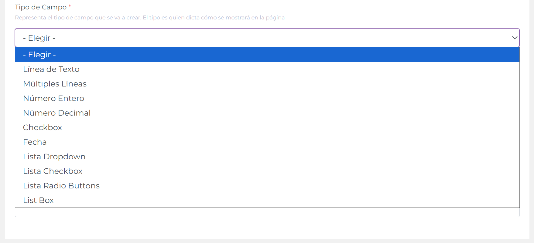 Desplegable de Tipo de Campo con opciones de texto, número, checkbox, fecha, desplegables y listas