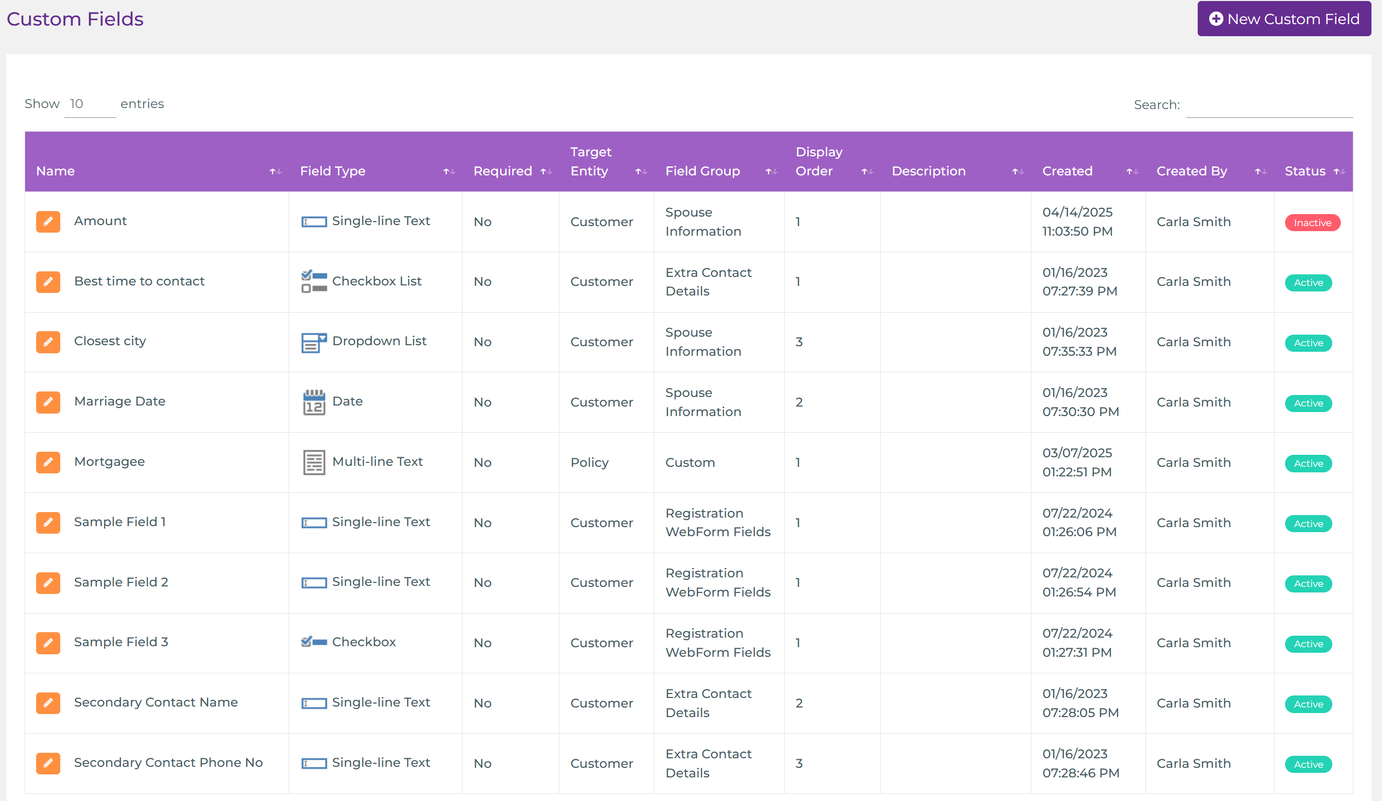 Custom Fields list with name, type, target, group, order and status columns