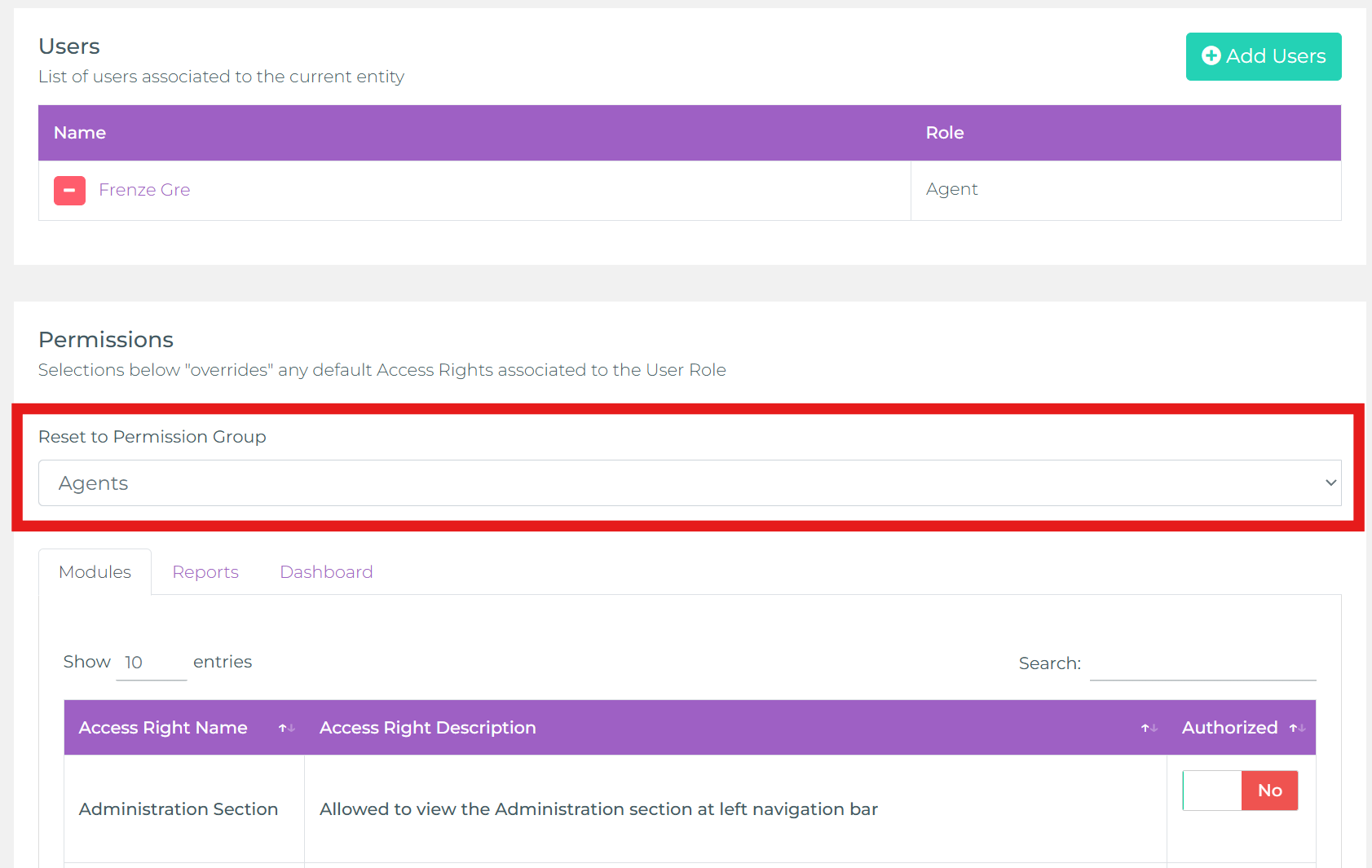 Dropdown showing selection of a base permission group named Agents