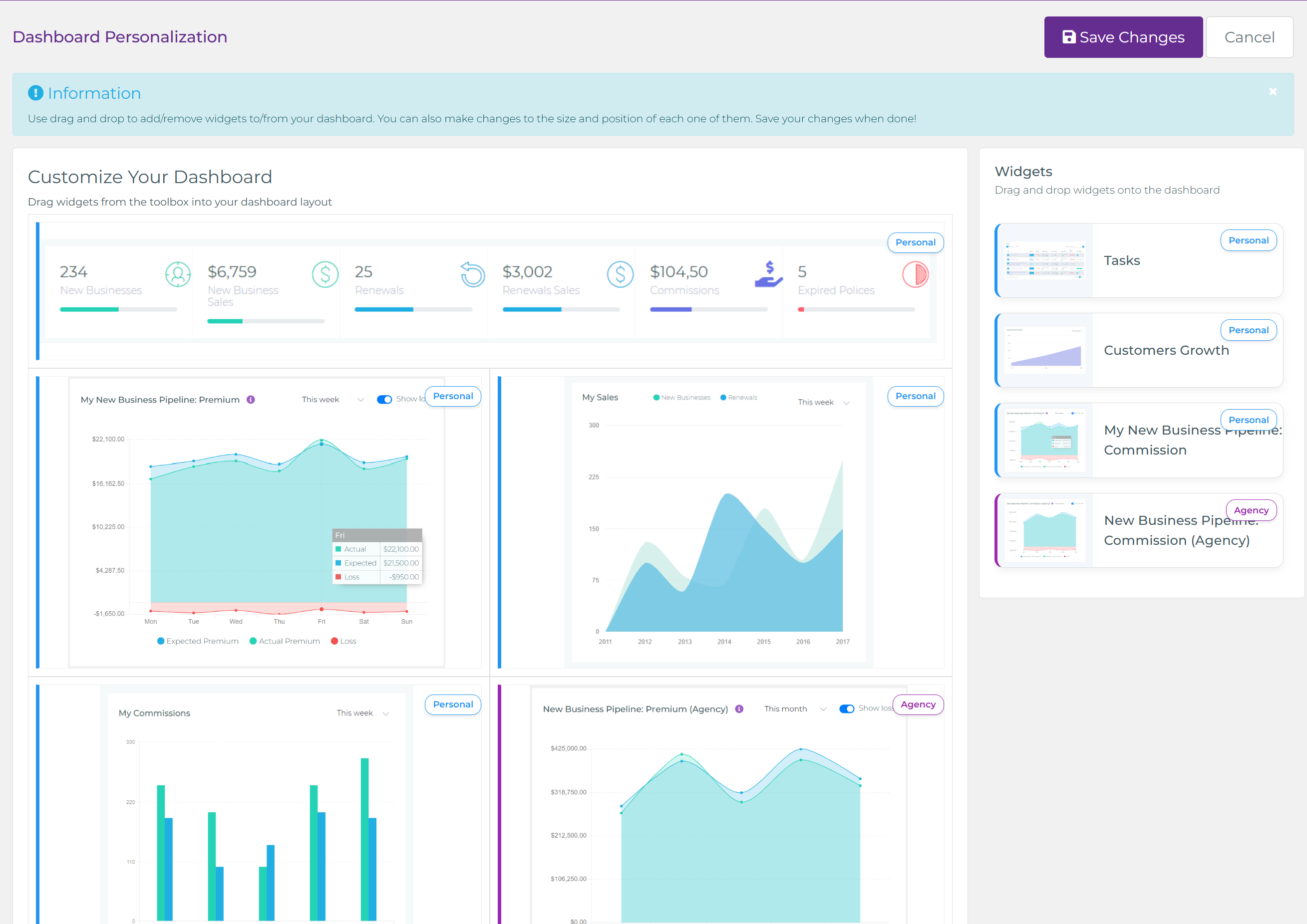 Dashboard Designer showing color-coded widgets with Personal and Agency badges