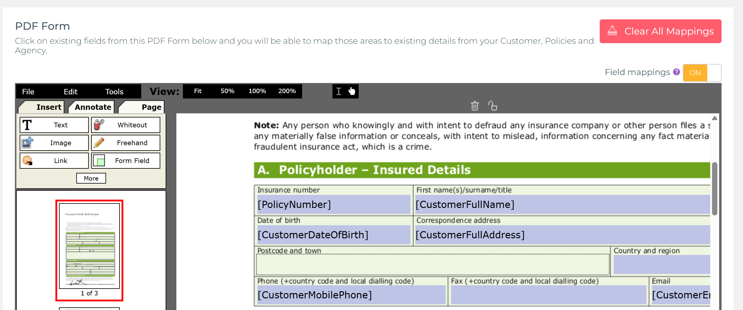 PDF Form editor with Field mappings ON, showing placeholder tokens such as [PolicyNumber], [CustomerFullName], [CustomerDateOfBirth] and [CustomerFullAddress] inside the mapped fields