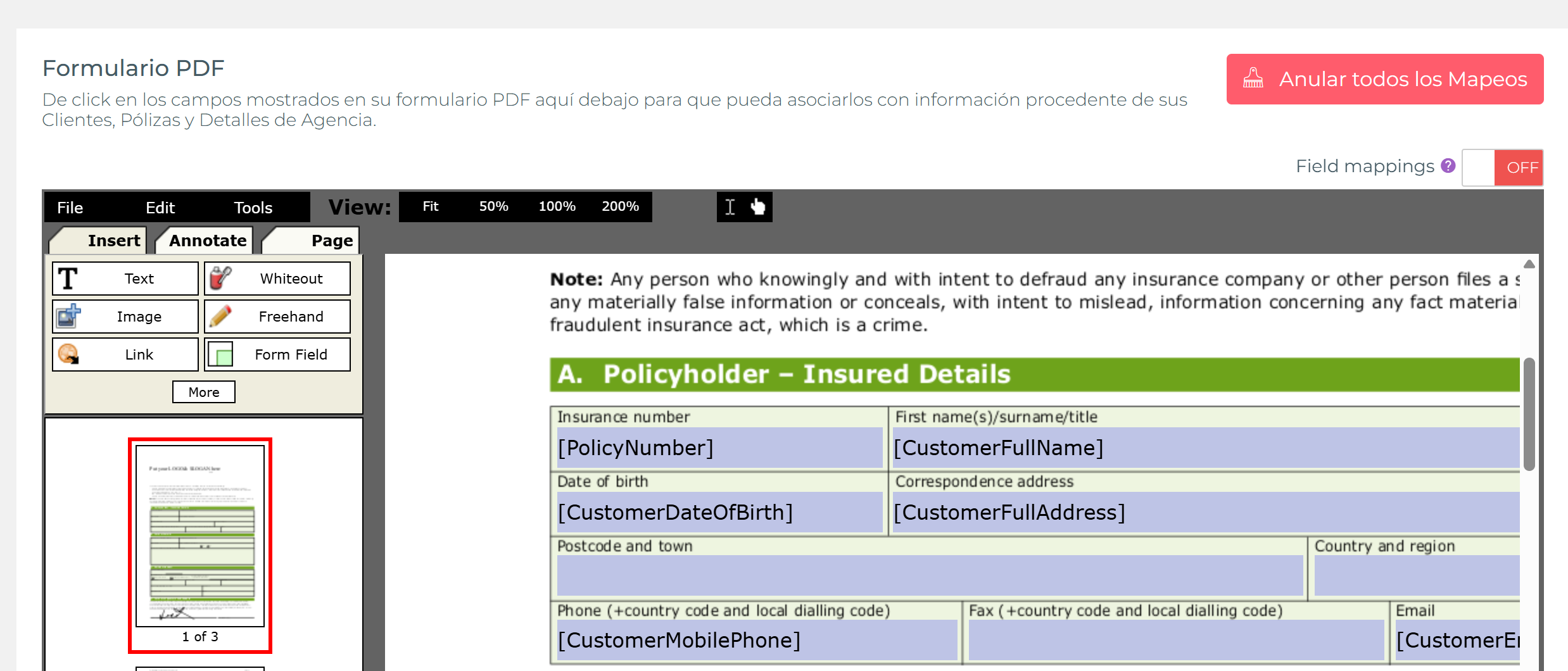 Editor de Formulario PDF mostrando marcadores de posición como [PolicyNumber], [CustomerFullName], [CustomerDateOfBirth] y [CustomerFullAddress] dentro de los campos mapeados