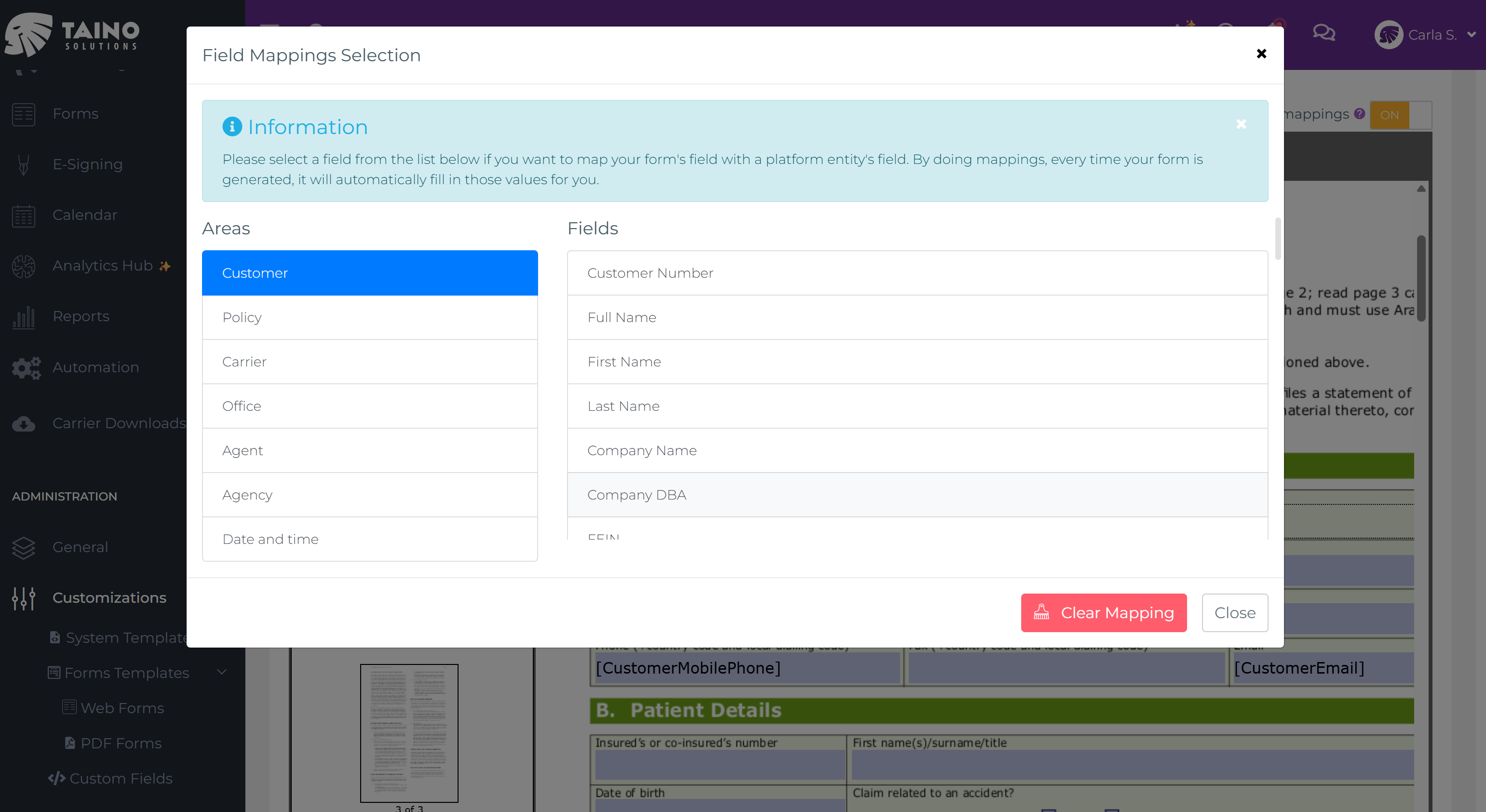 Field Mappings Selection modal showing Customer area selected and fields listed on the right