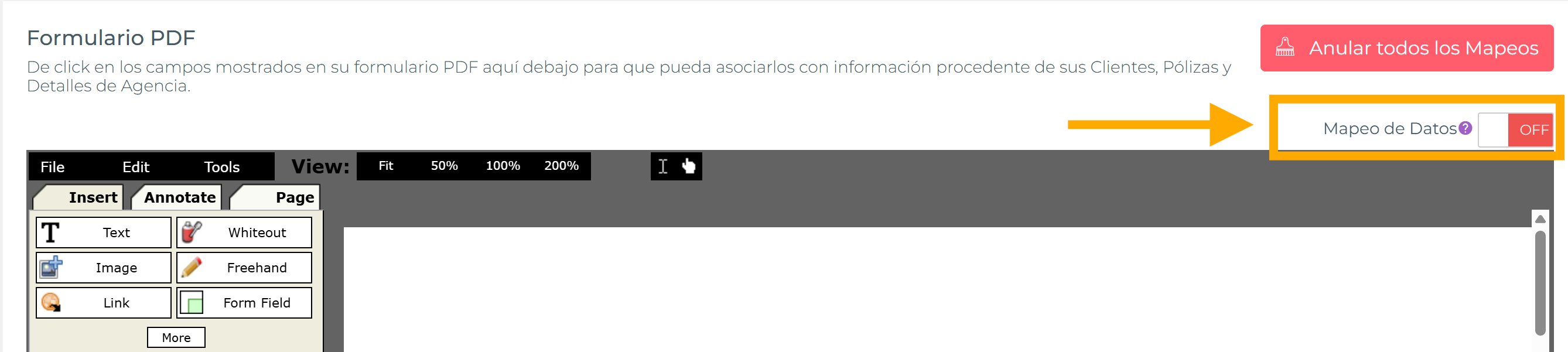 Interruptor Mapeo de Datos y botón Anular todos los Mapeos en el Diseñador de PDF