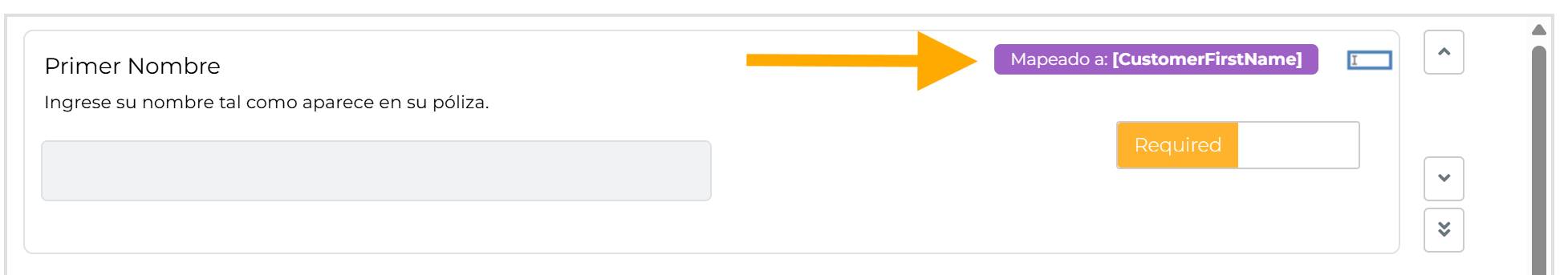 Tarjeta de campo mostrando la etiqueta 'Mapeado a: [CustomerFirstName]' después de configurar el mapeo