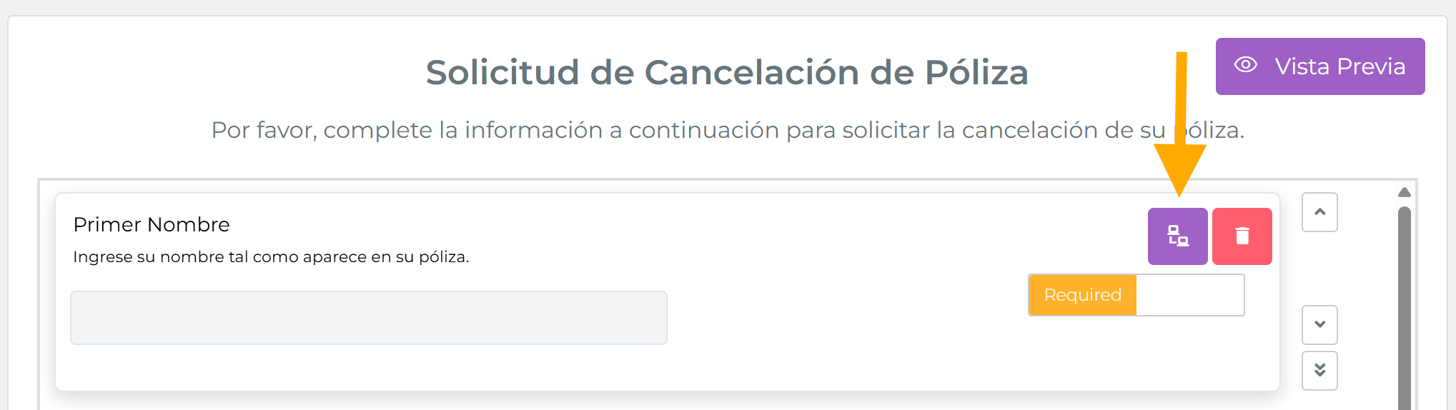 Tarjeta de campo con hover mostrando el botón de mapeo morado y el botón de eliminar rojo