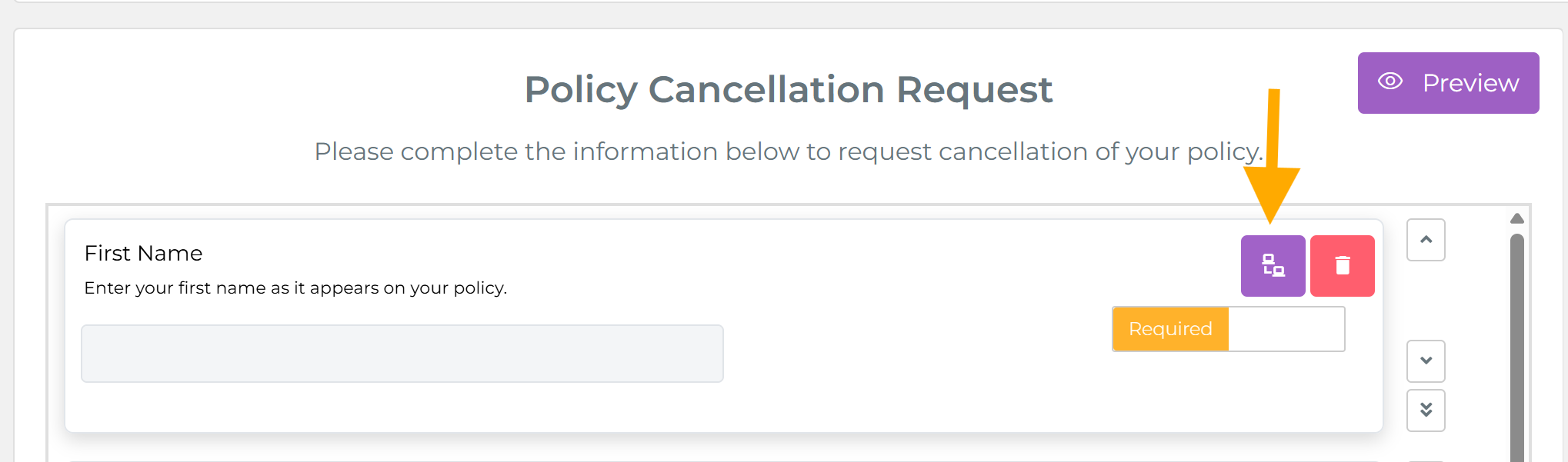 Web Form field card on hover showing the purple mapping button and red delete button