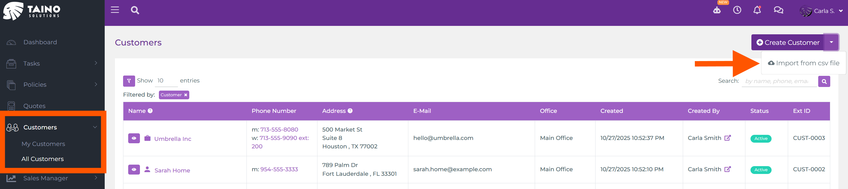 Customers page showing Create Customer button with Import from csv file option