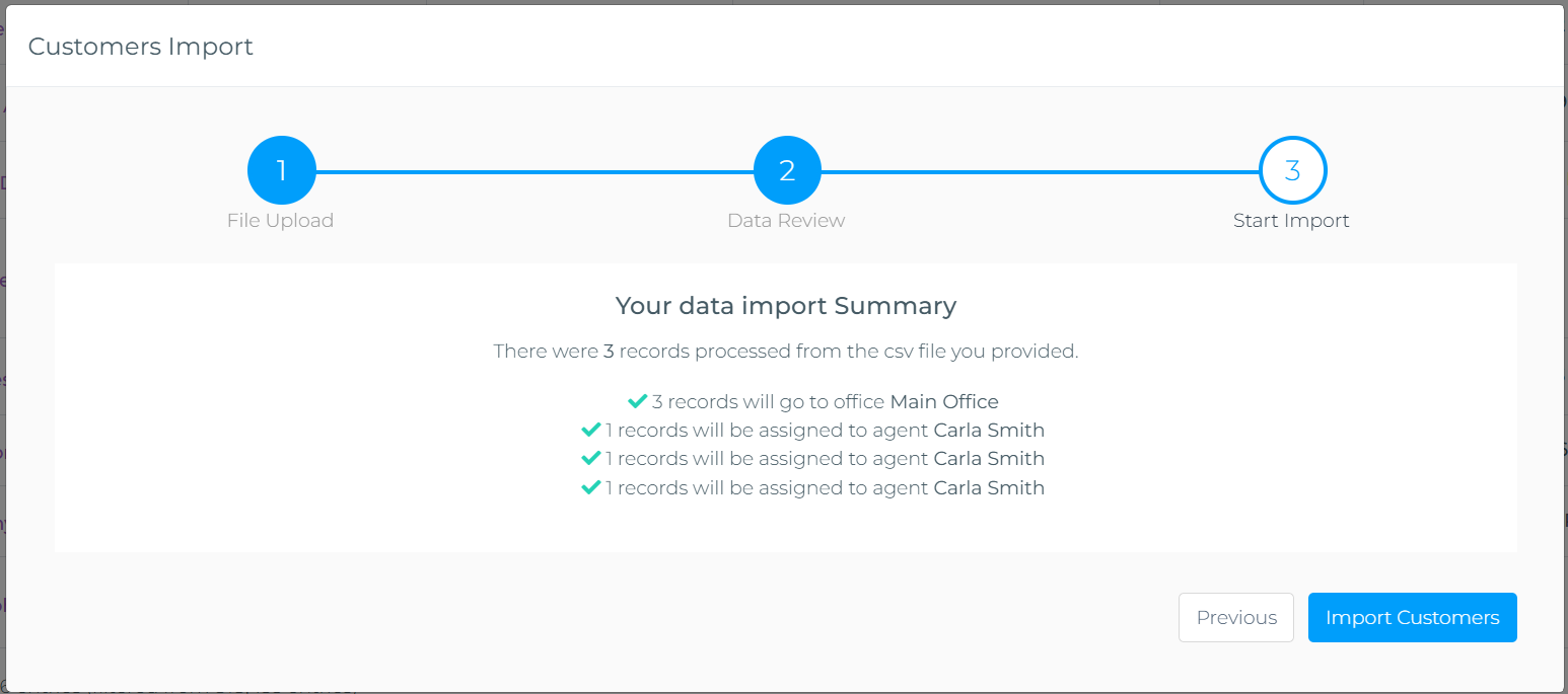 Import wizard Step 3 showing summary with office and agent distribution