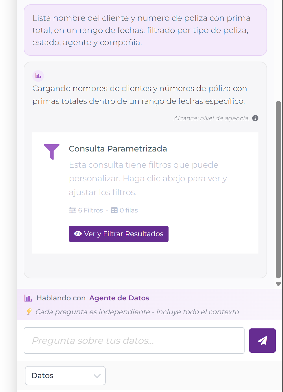 Chat de Newton mostrando una tarjeta de Consulta Parametrizada con 6 filtros y un botón Ver y Filtrar Resultados