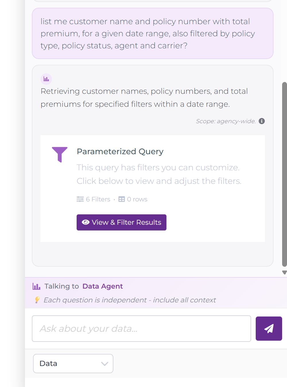 Newton chat showing a Parameterized Query card with 6 filters and a View and Filter Results button