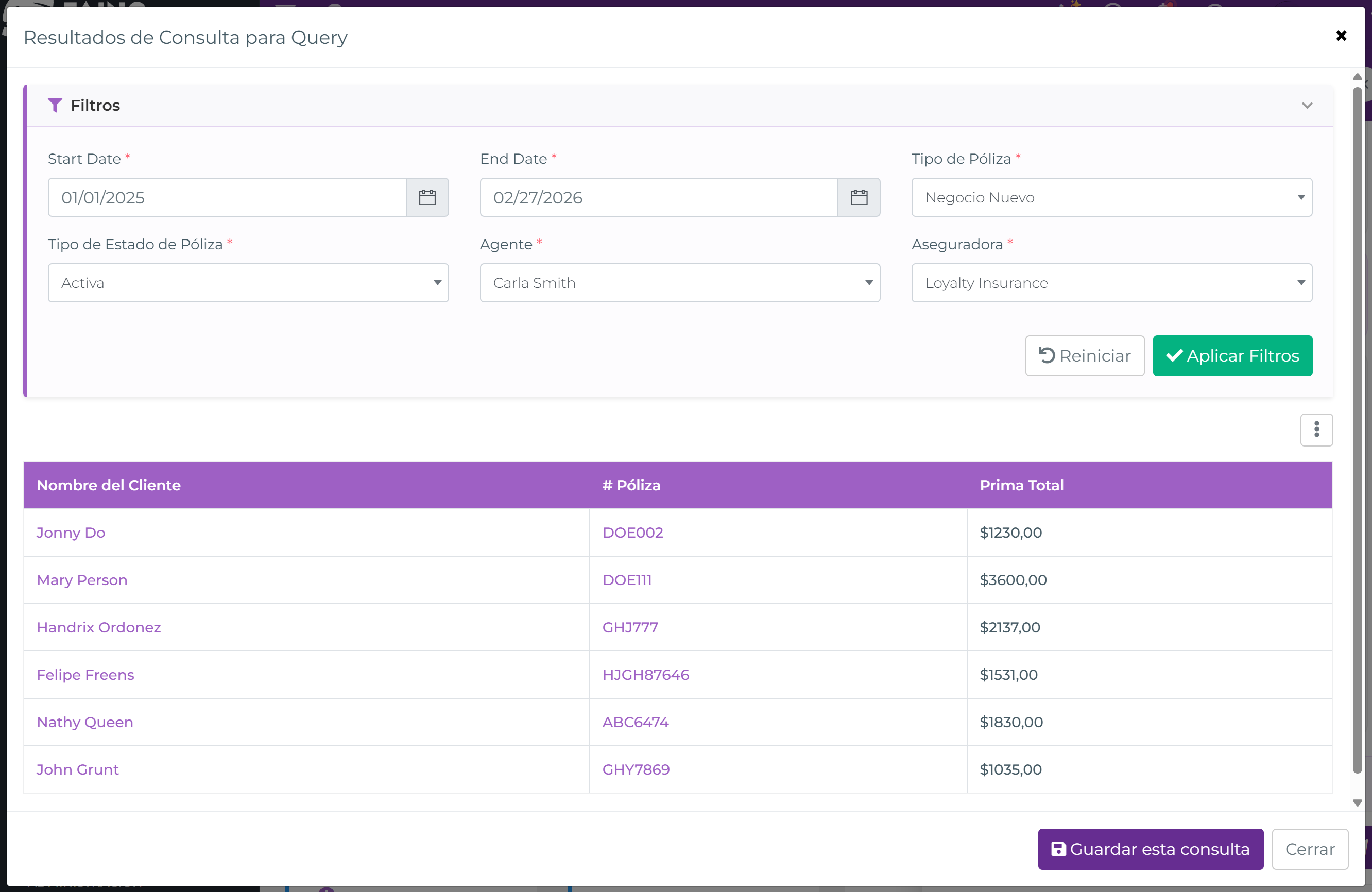 Modal de Resultados de Consulta en pantalla completa mostrando campos de filtro para rango de fechas, tipo de póliza, estado, agente y aseguradora con una tabla de resultados abajo