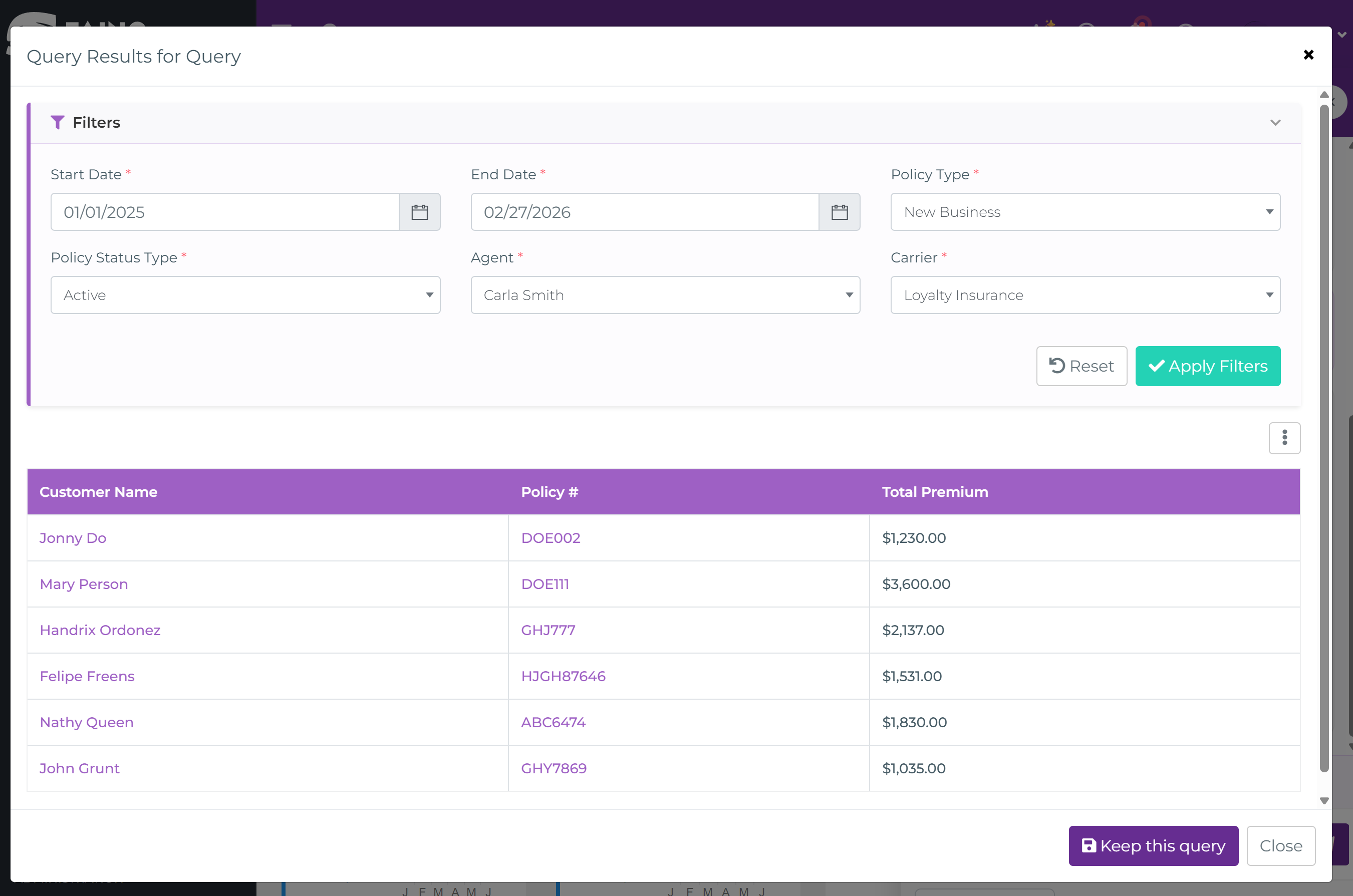 Full-screen Query Results modal showing filter fields for date range, policy type, policy status, agent, and carrier with a results table below