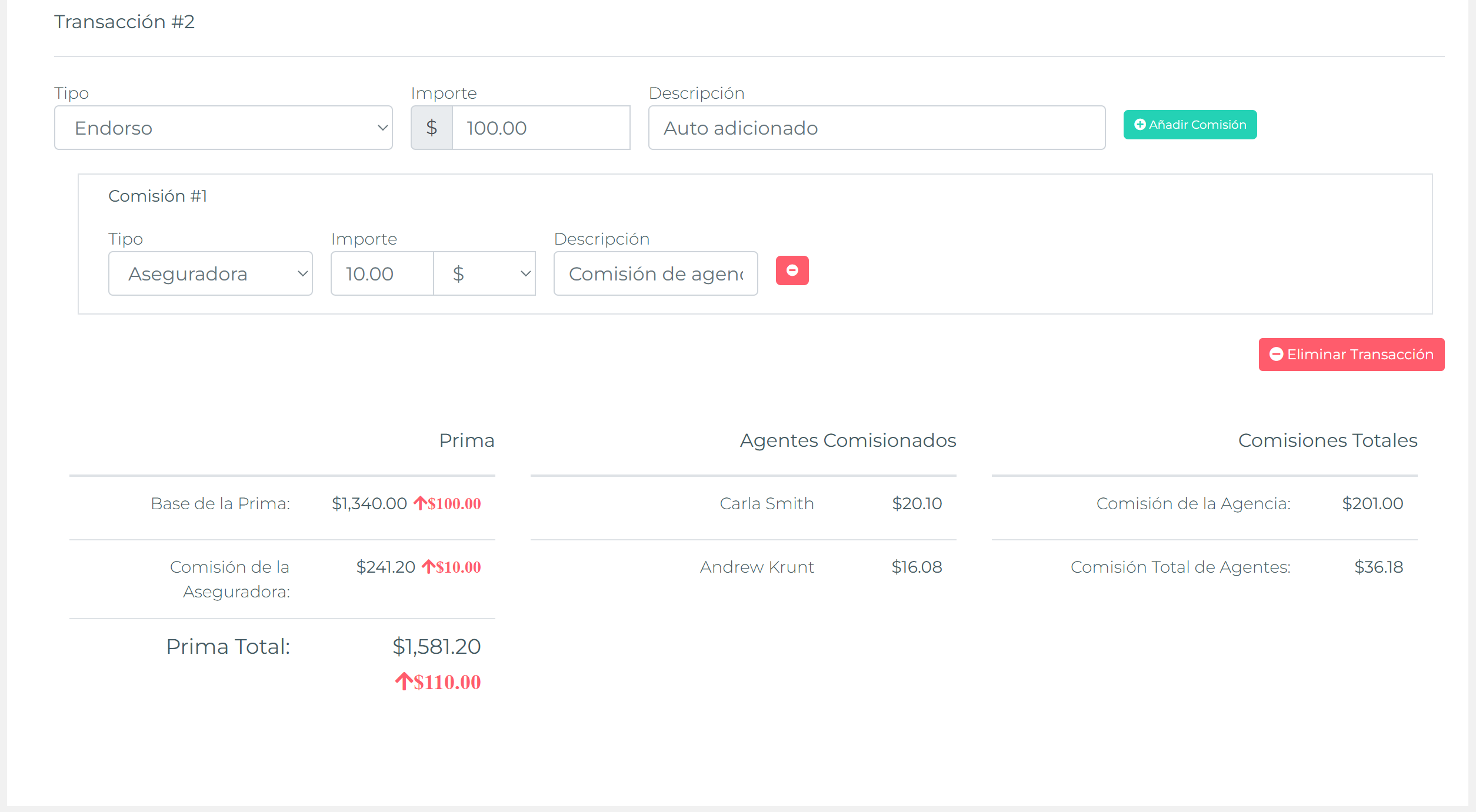 Endorsement transaction lines and commission items ready for delta entry
