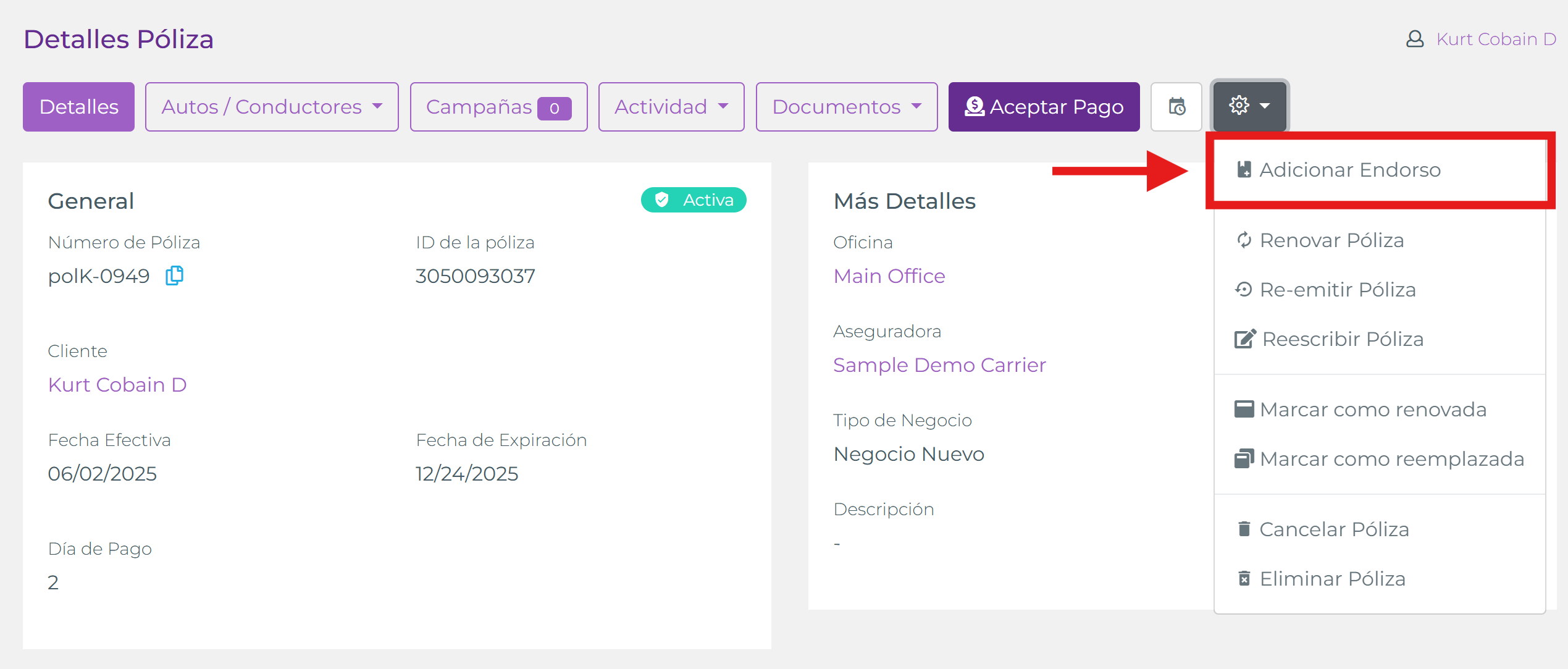 Menú de acciones mostrando opción Agregar Endoso