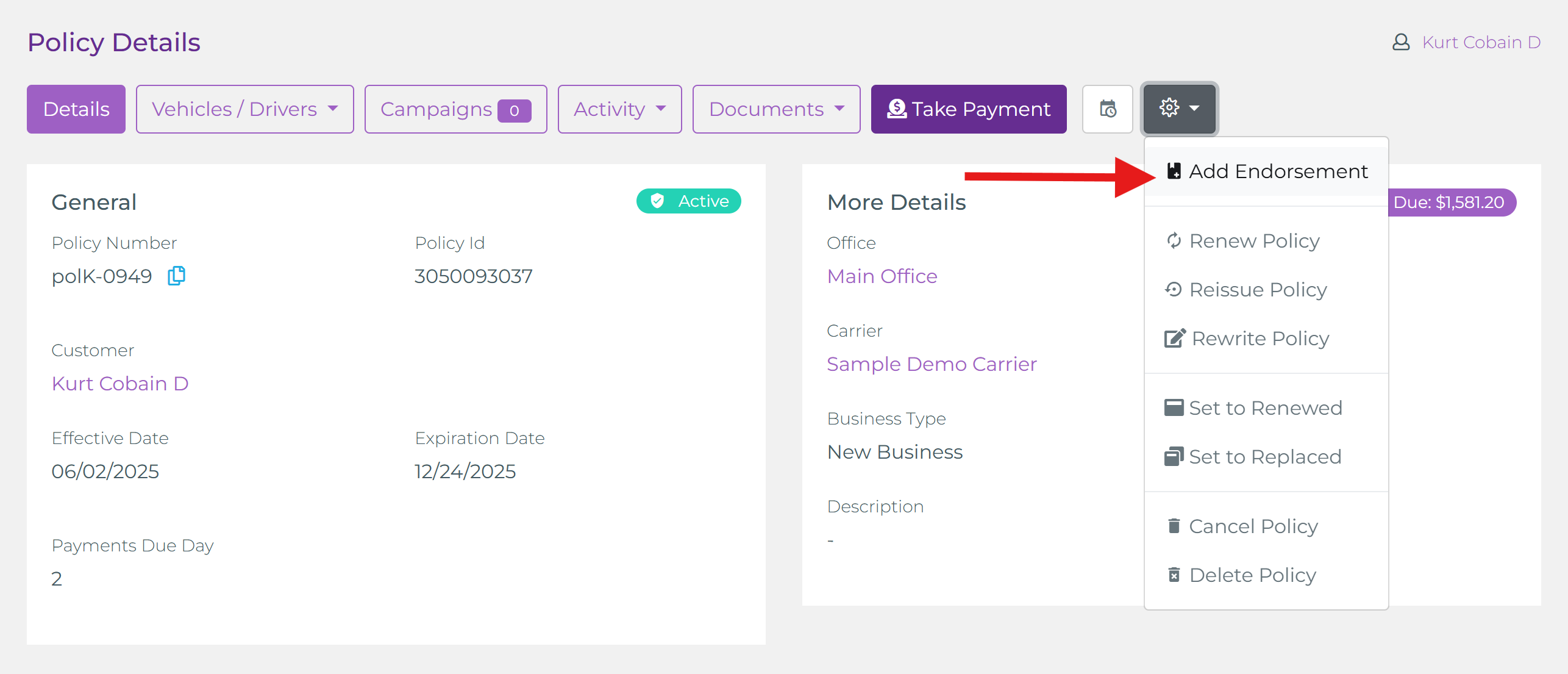 Policy action menu showing Add Endorsement option