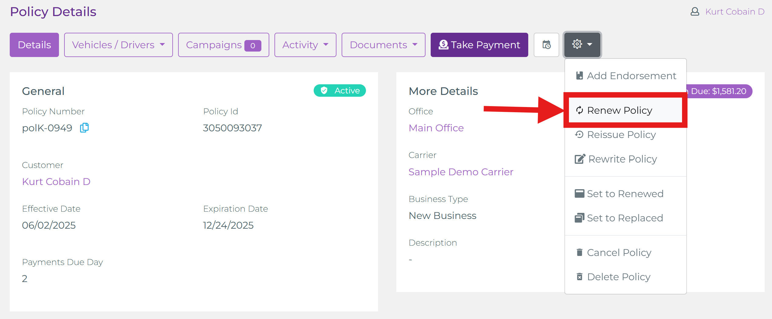Policy term menu showing the Renew action option for an expiring policy term