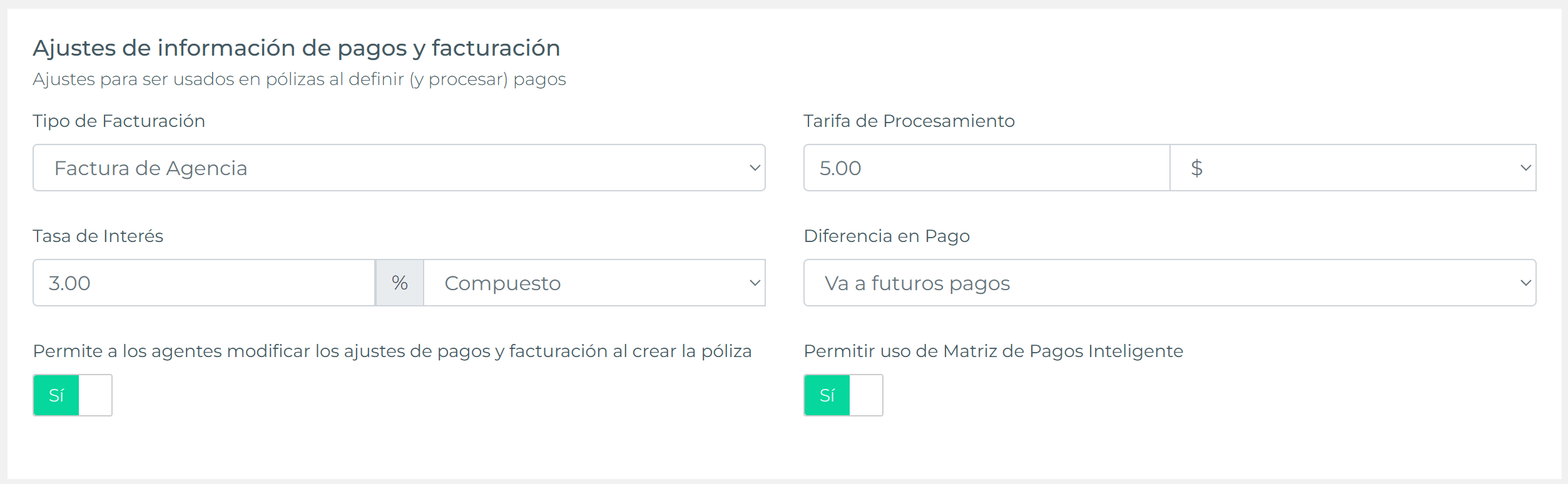 Valores de facturación: tarifa proc., interés, # pagos y manejo de diferencias