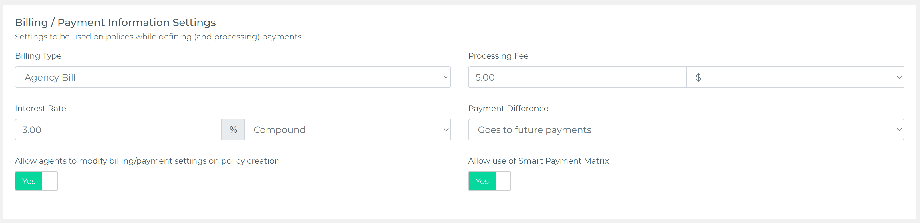 Billing defaults with payment difference handling