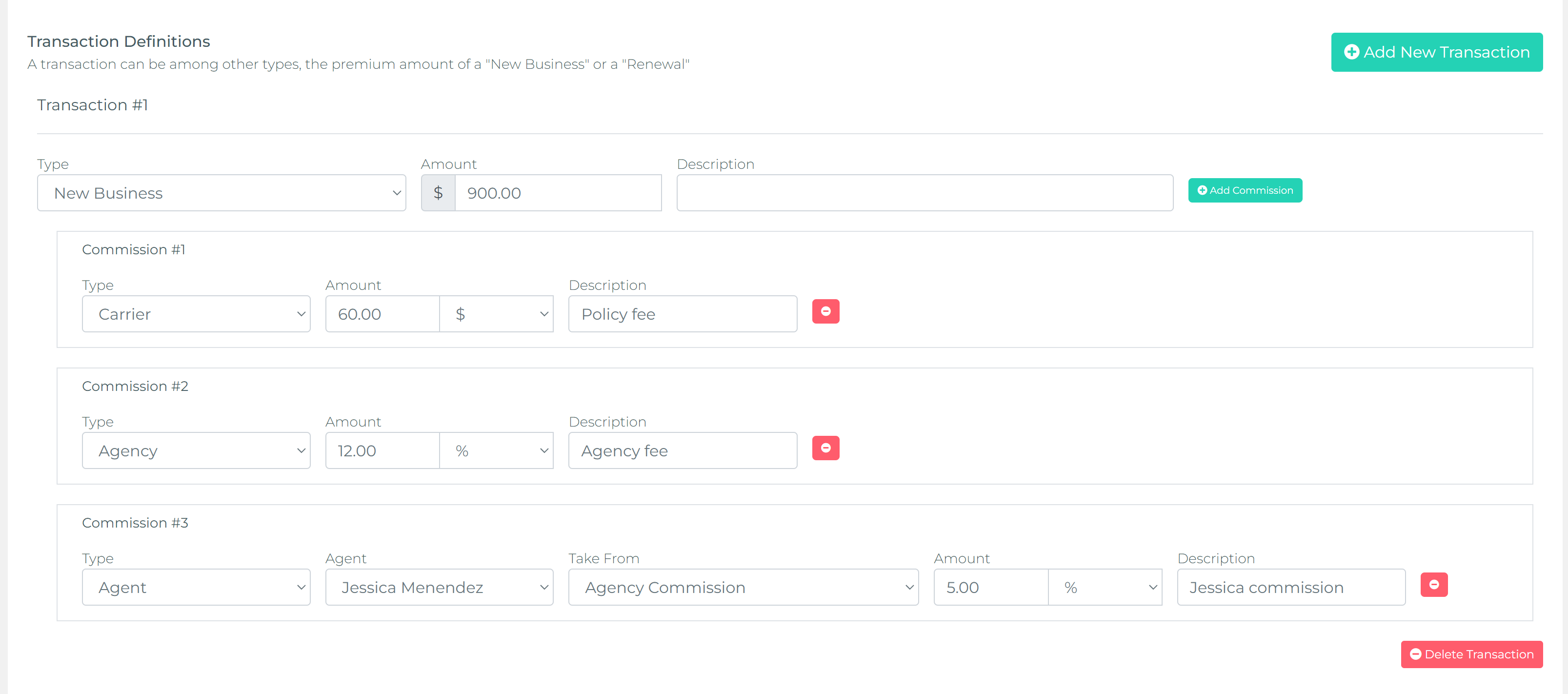 Sample policy creation showing auto-generated transactions
