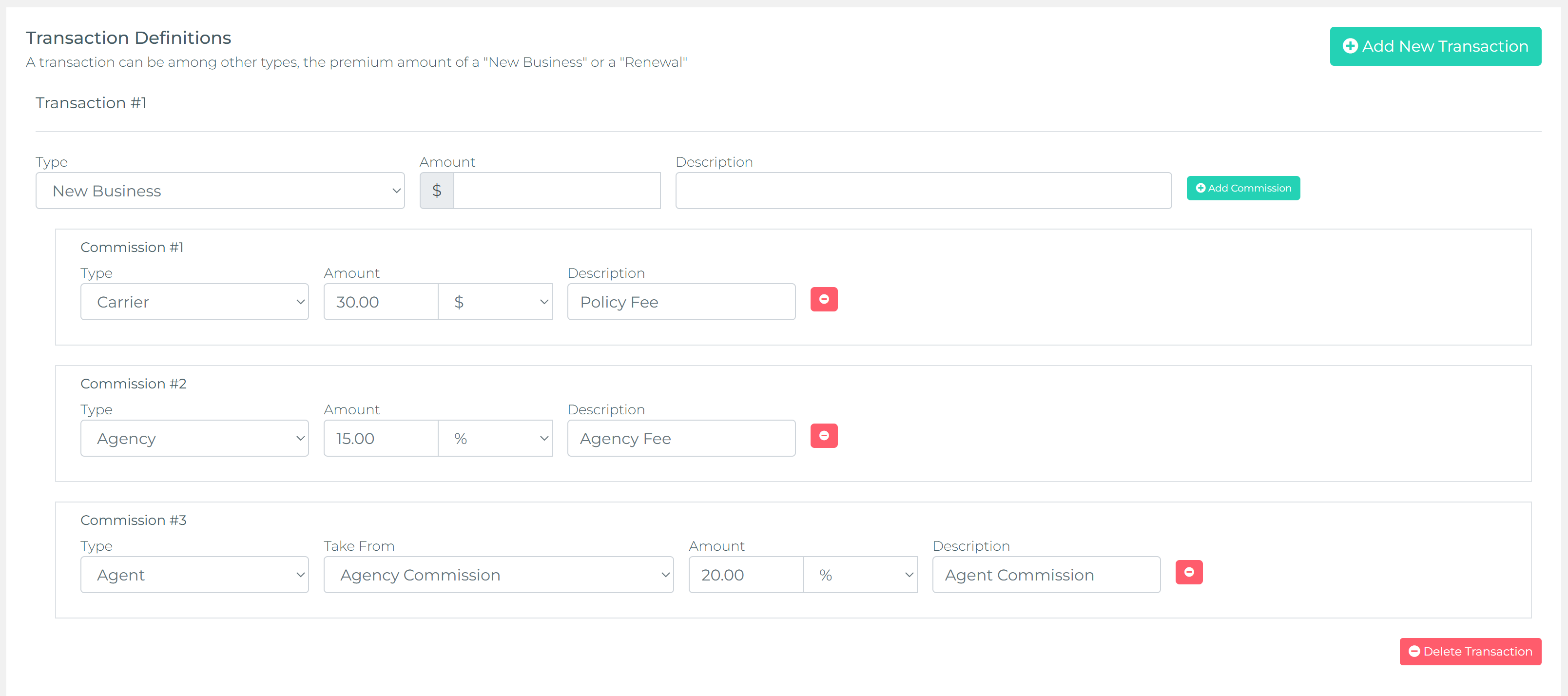 Transaction templates for New Business and Renewal