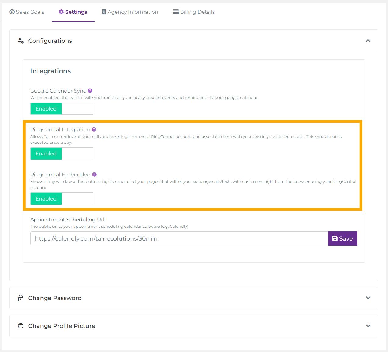 RingCentral Integration Settings