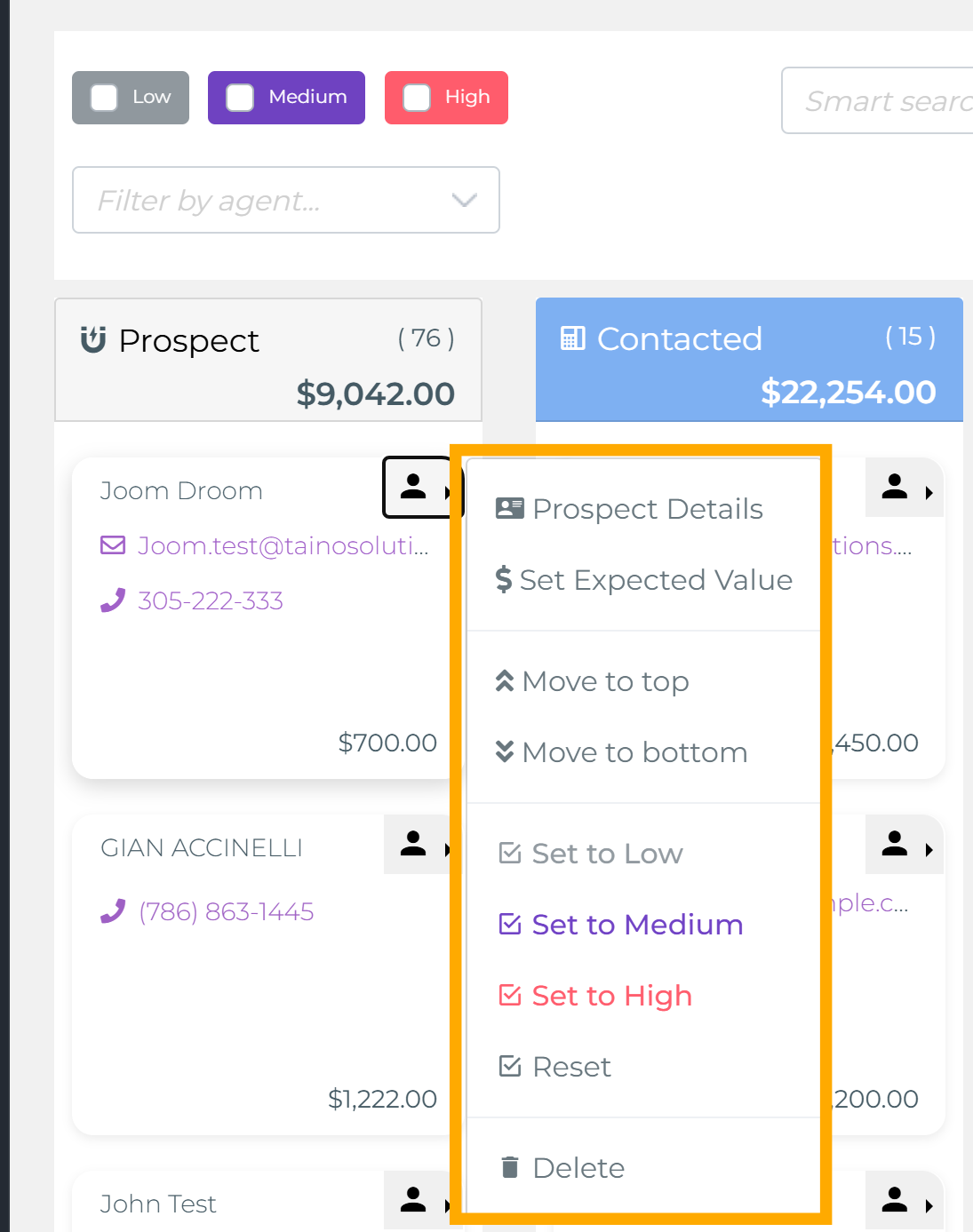 Menú de Tarjeta del Tablero de Ventas