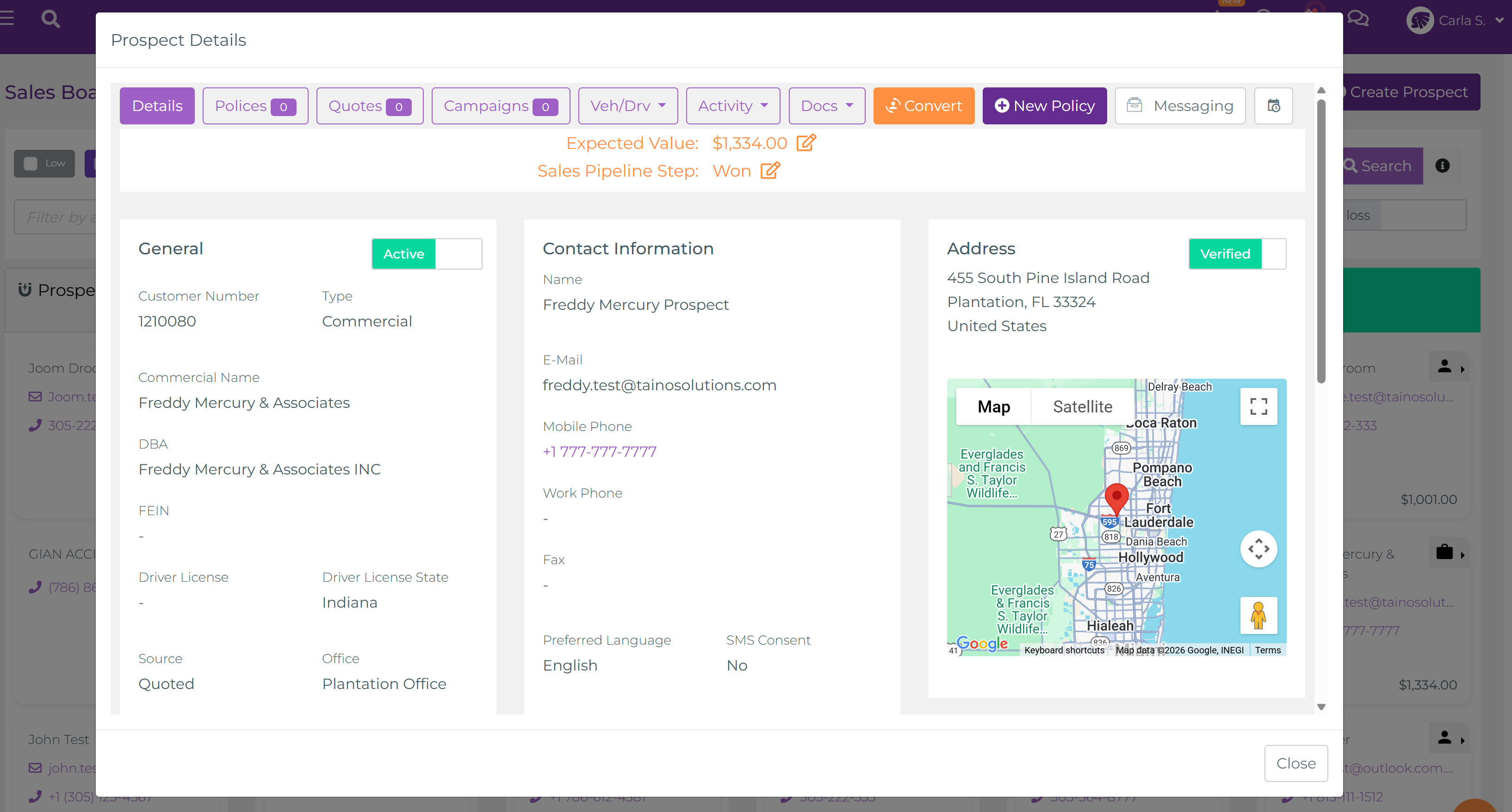 Modal de Detalles del Prospecto del Tablero de Ventas