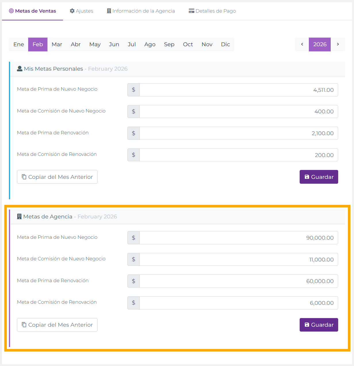 Sección de Metas de Agencia