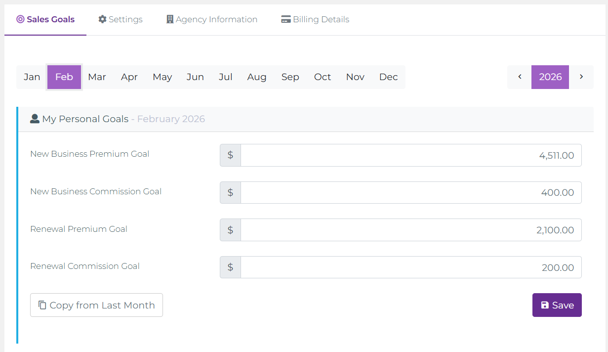 Agent Sales Goals Page