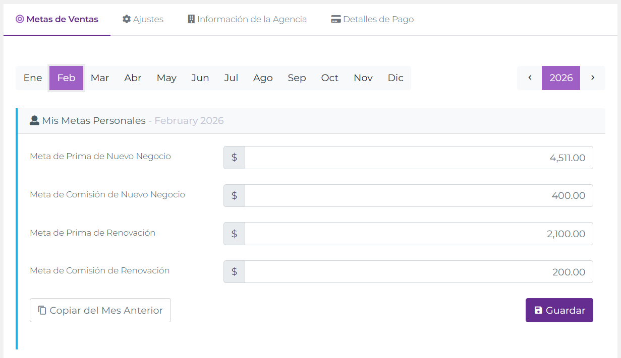 Página de Metas de Ventas del Agente
