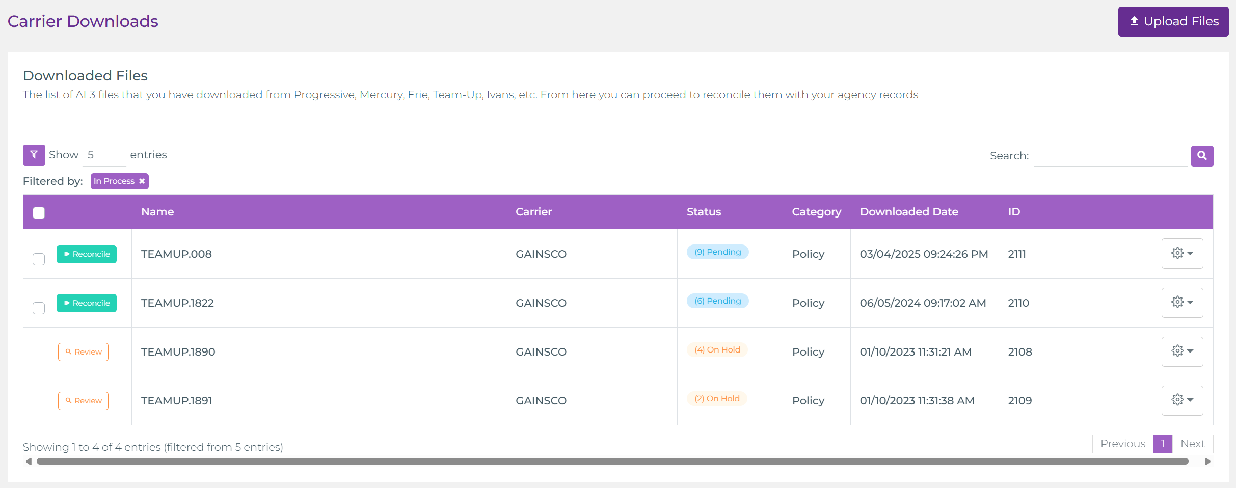 Carrier Downloads table with multiple AL3 files in various statuses