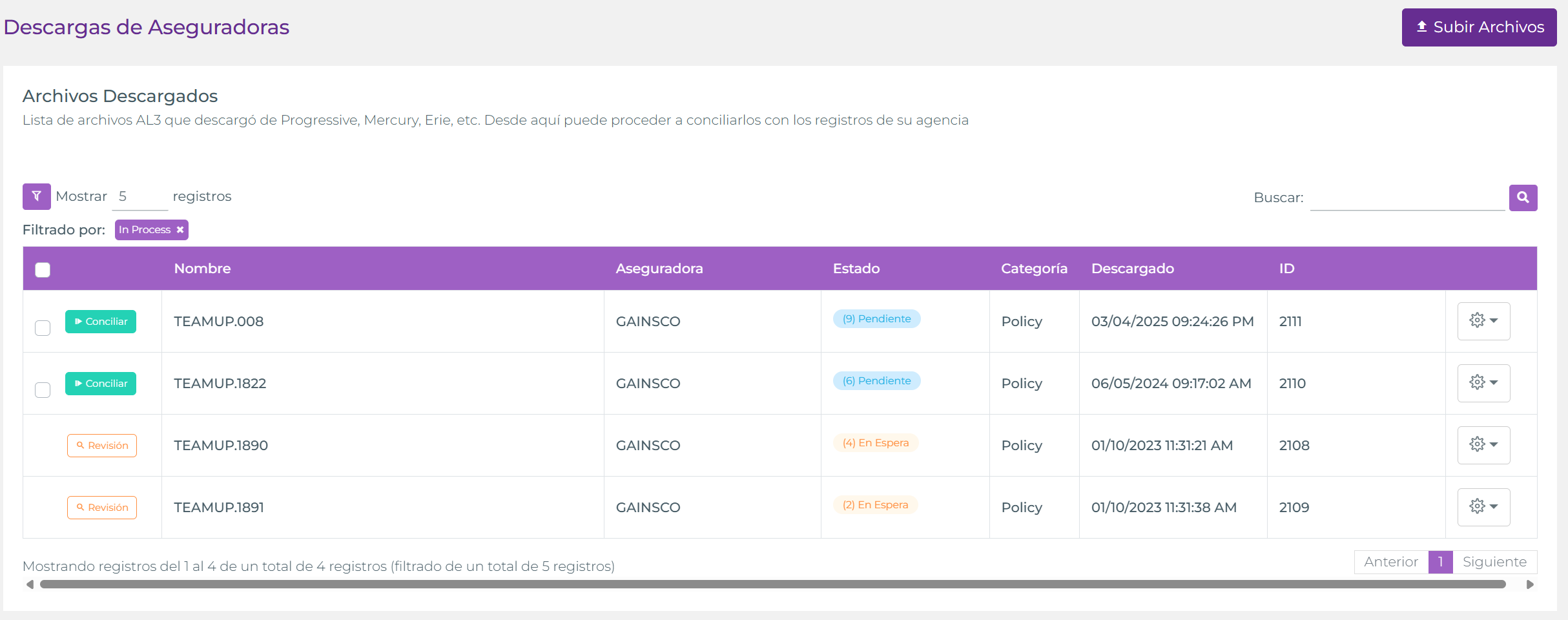 Tabla de descargas con múltiples archivos AL3 en distintos estados