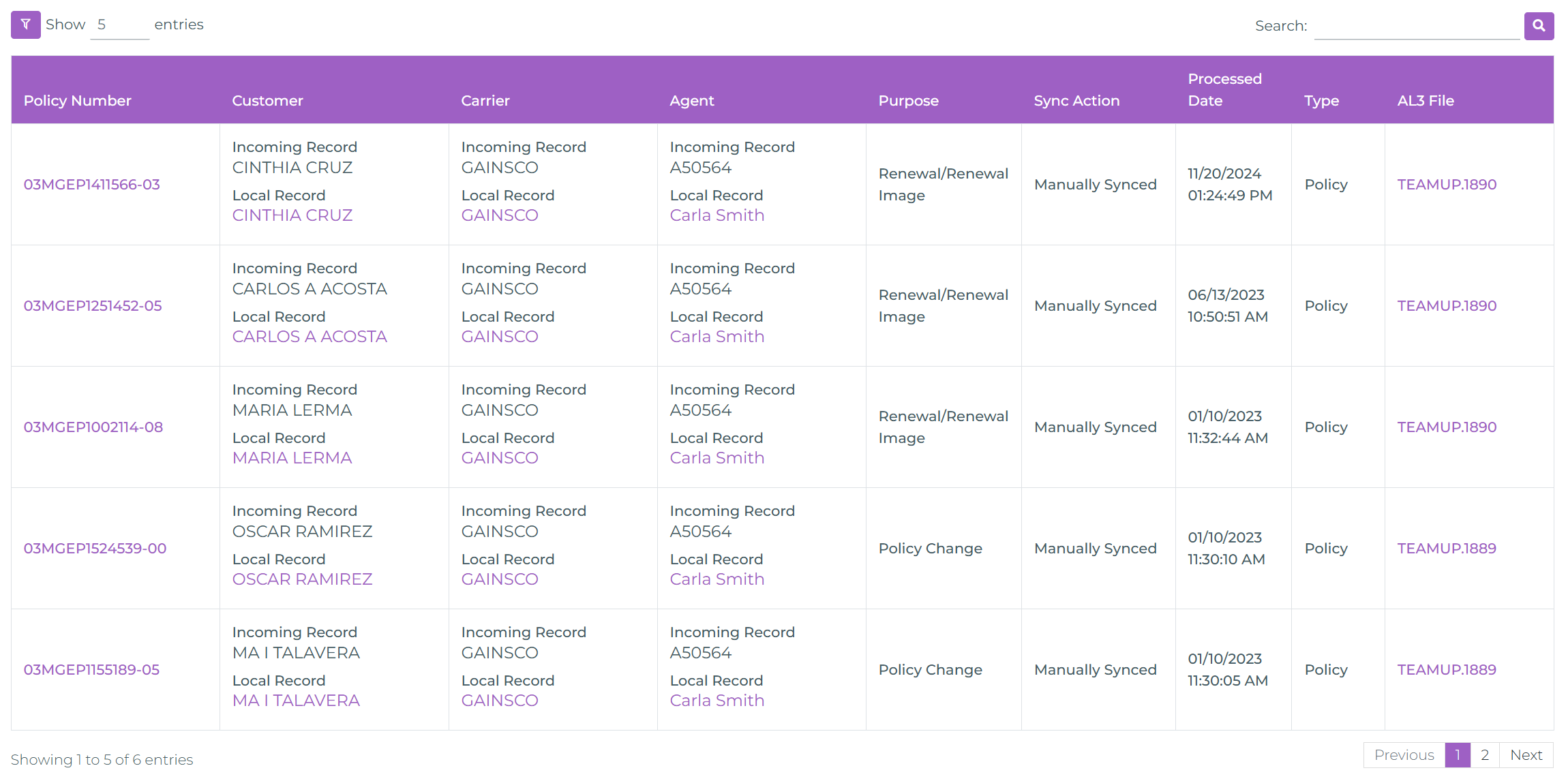 Logs view showing processed AL3 transactions