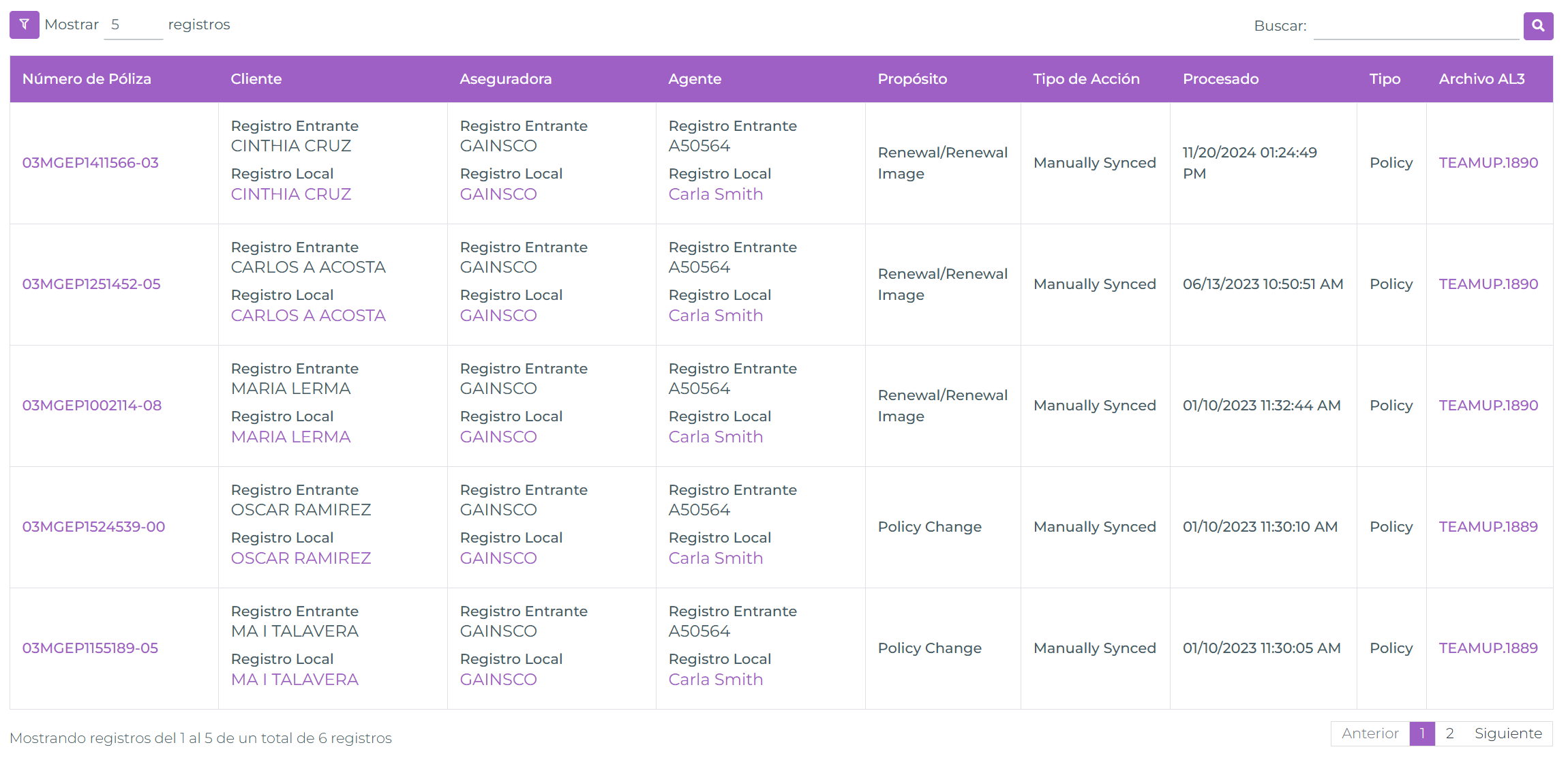 Vista de logs mostrando transacciones AL3 procesadas