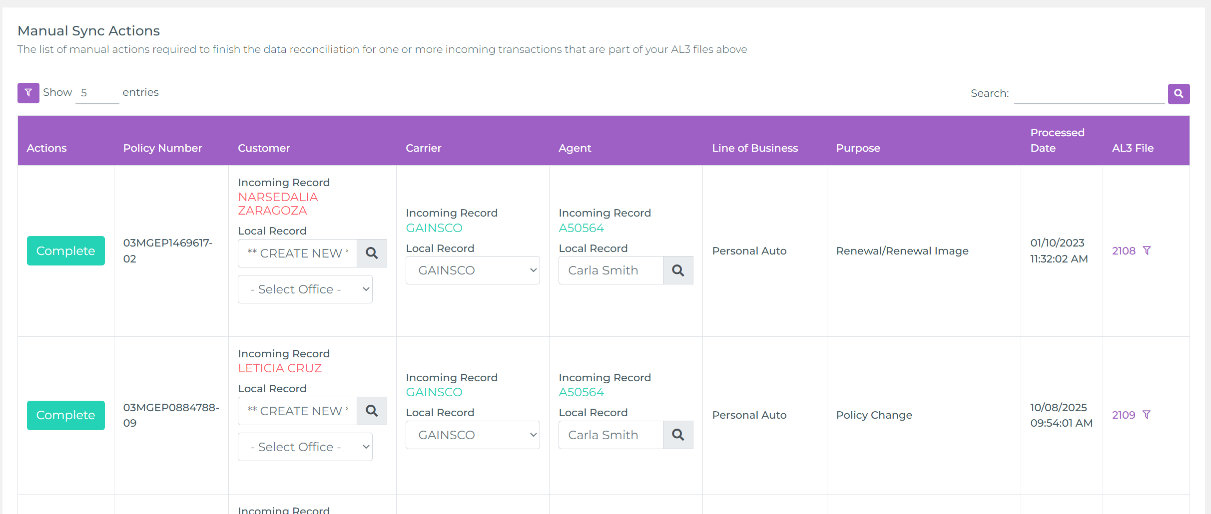 Manual sync actions panel listing unresolved mappings