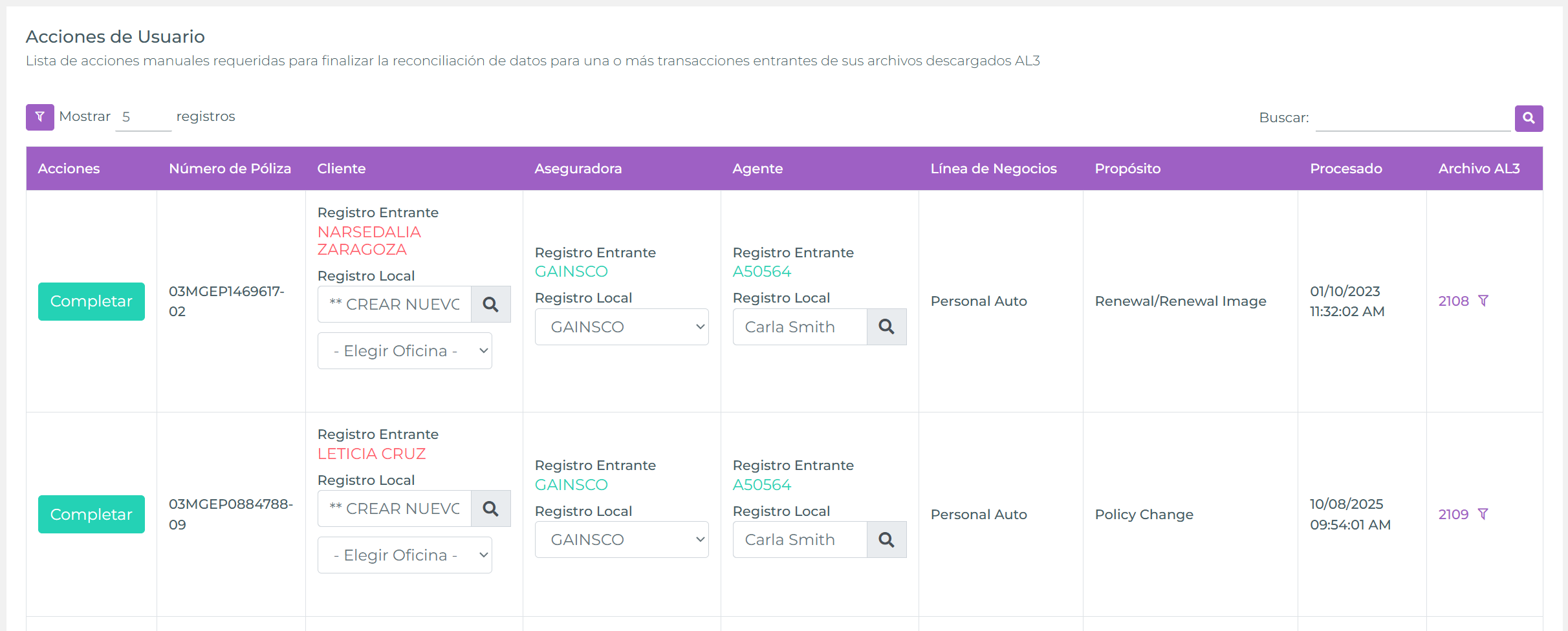 Panel de acciones manuales con mapeos pendientes