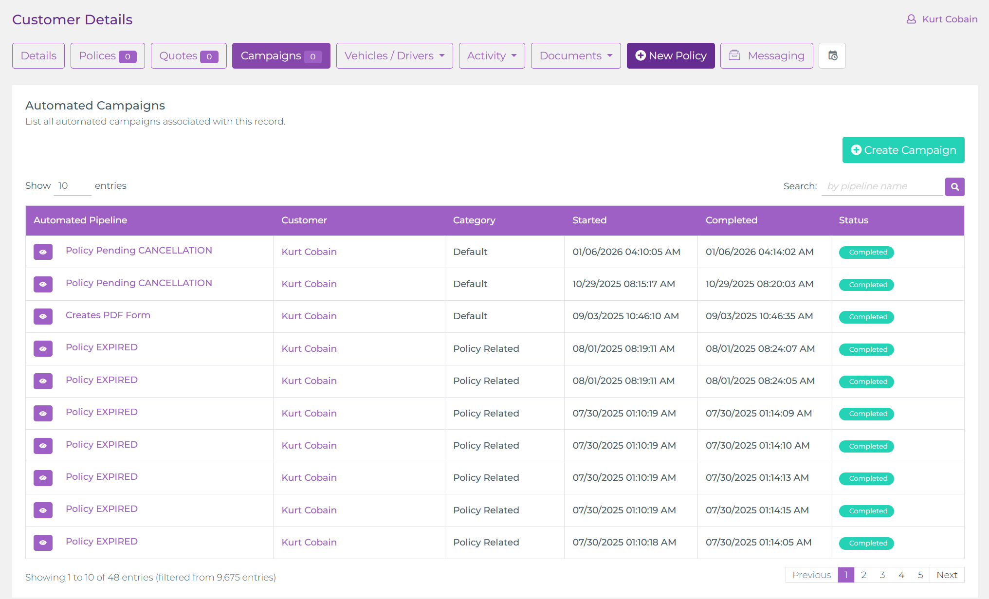 Pestaña Campaigns del Cliente