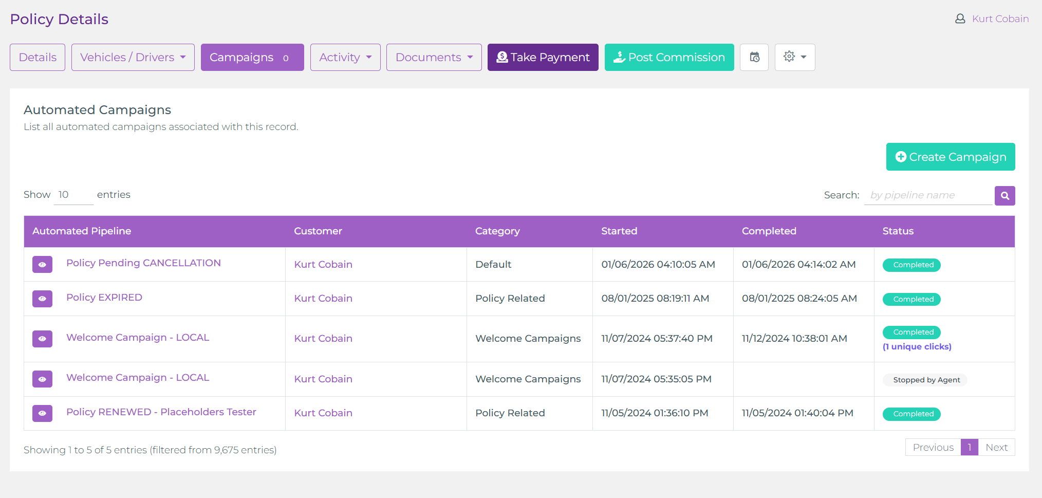 Pestaña Campaigns de Póliza con Seguimiento de Clics