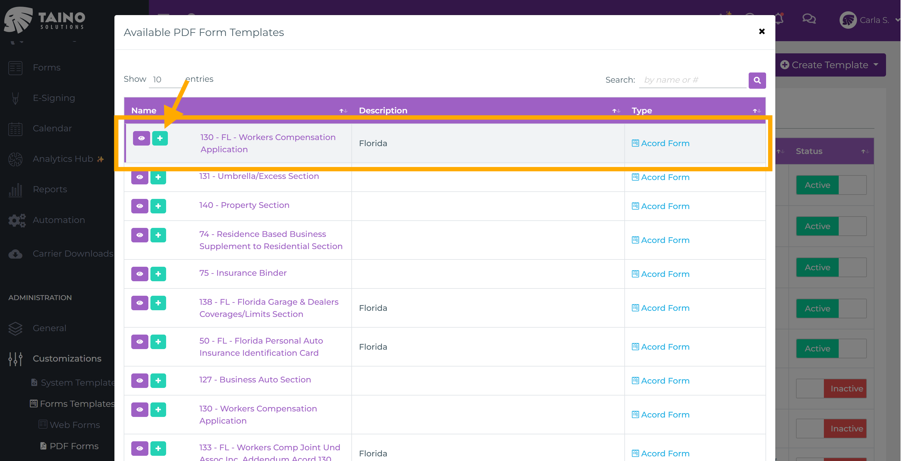 Modal de Plantillas de Formularios PDF Disponibles mostrando la lista de plantillas del sistema con botones de vista previa y agregar
