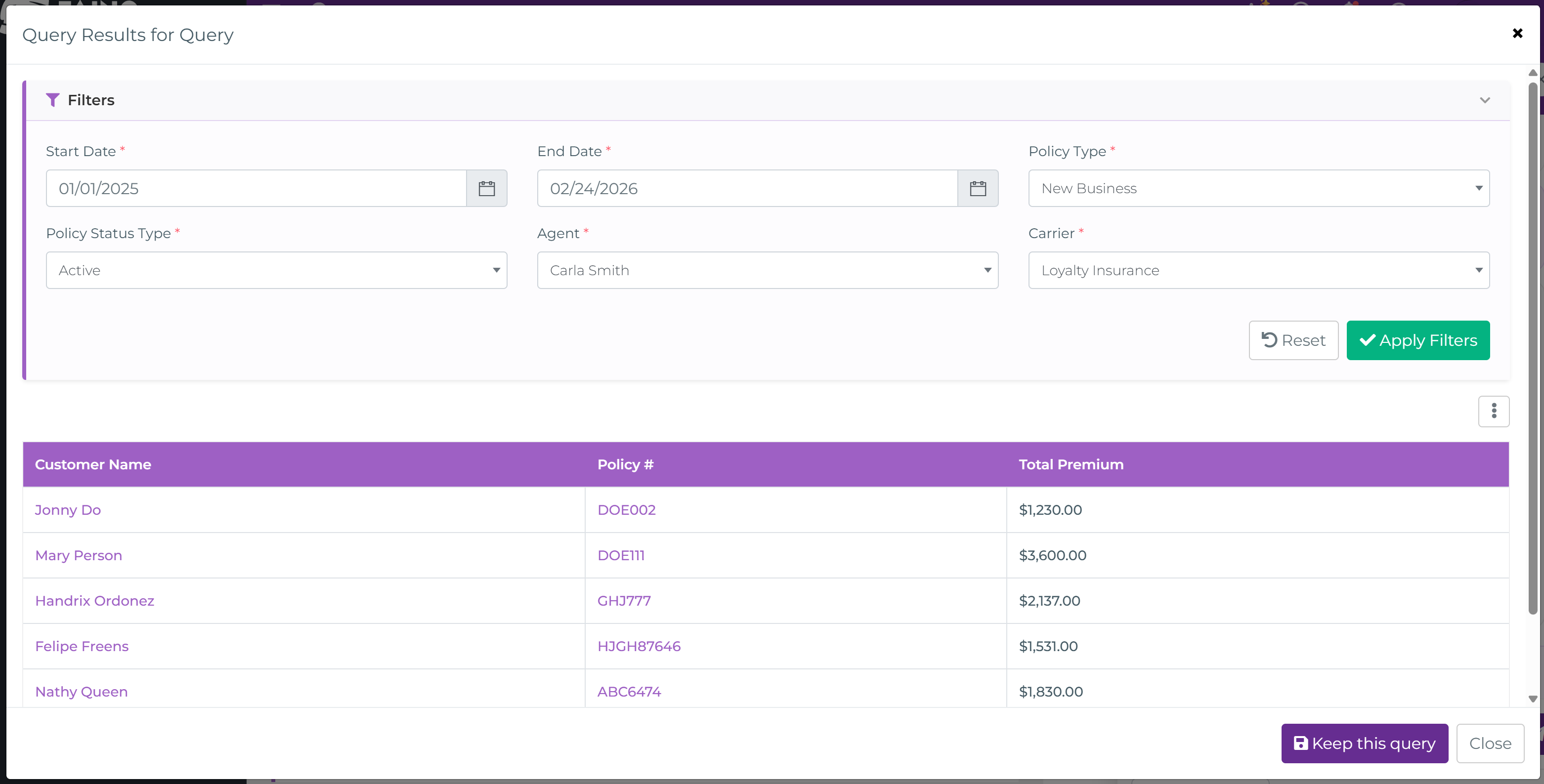 Newton chat showing a maximized table with dynamic filters and a keep query action